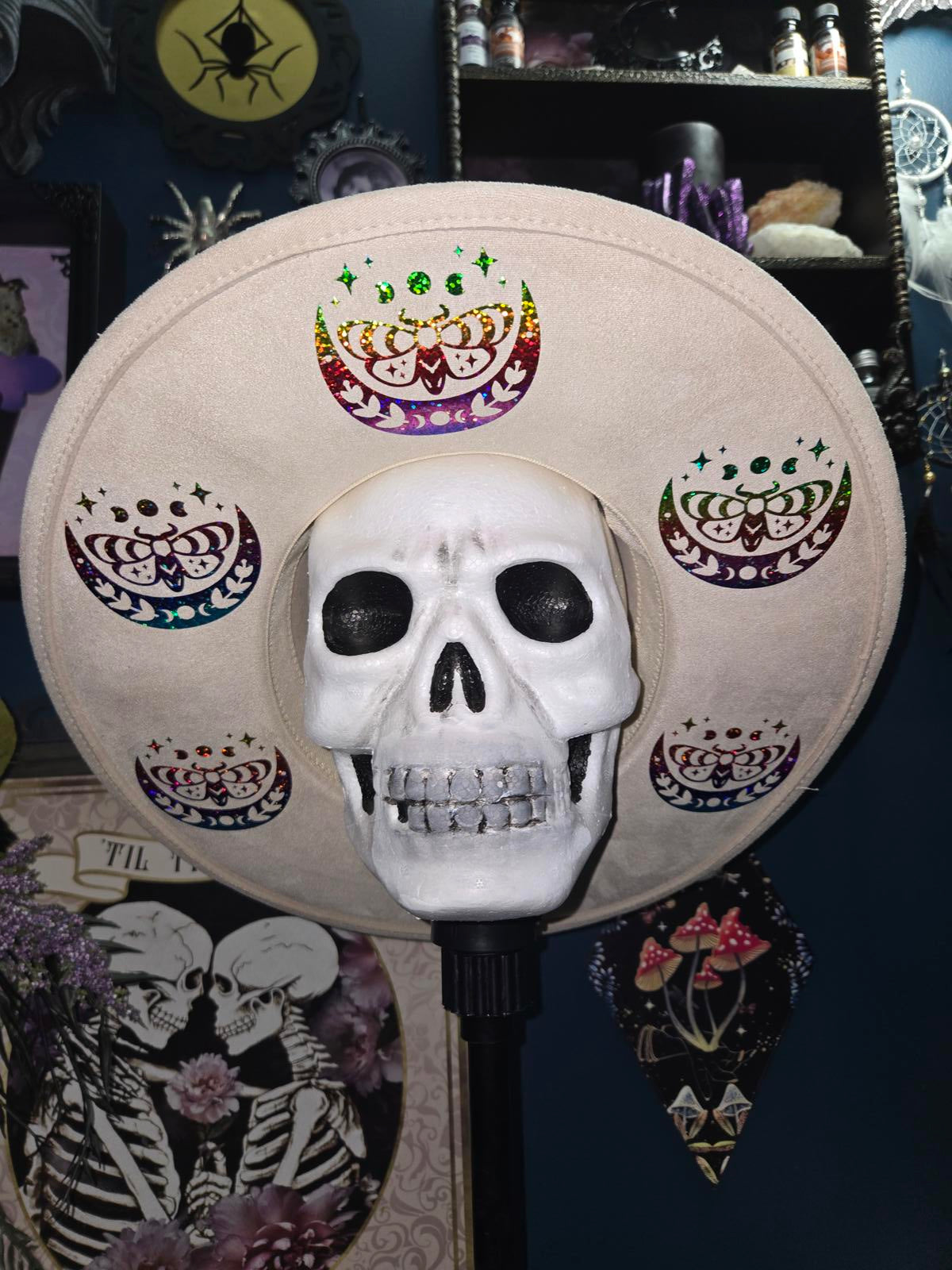 Ivory vegan suede wide brim fedora hat with rainbow moths and moons