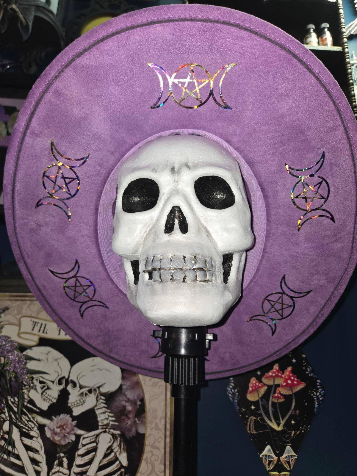 Purple vegan suede wide brim fedora hat with rainbow moon & pentagram