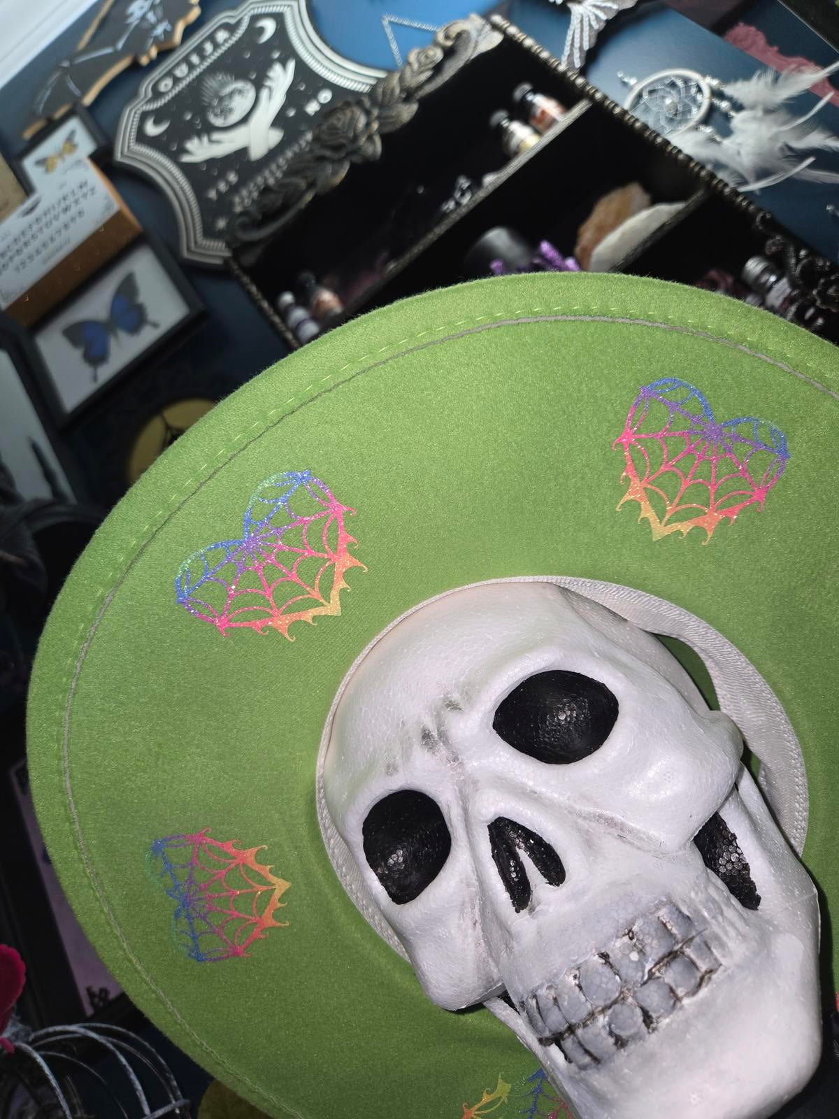 Spiderweb heart rainbow wide brim fedora hat