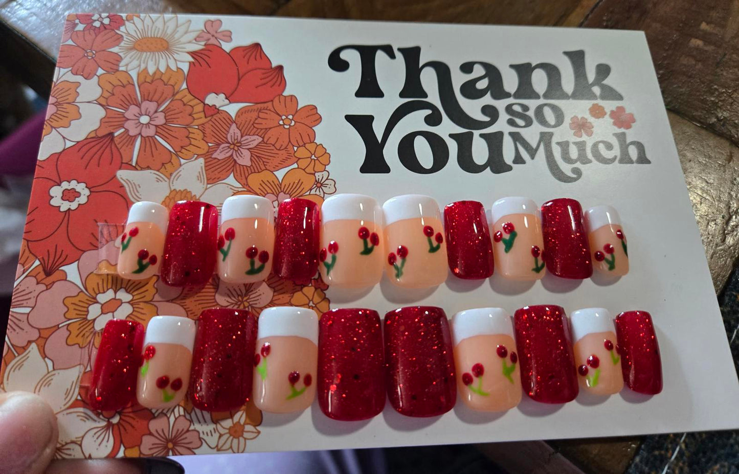 French glitter red and cherries nails custom made