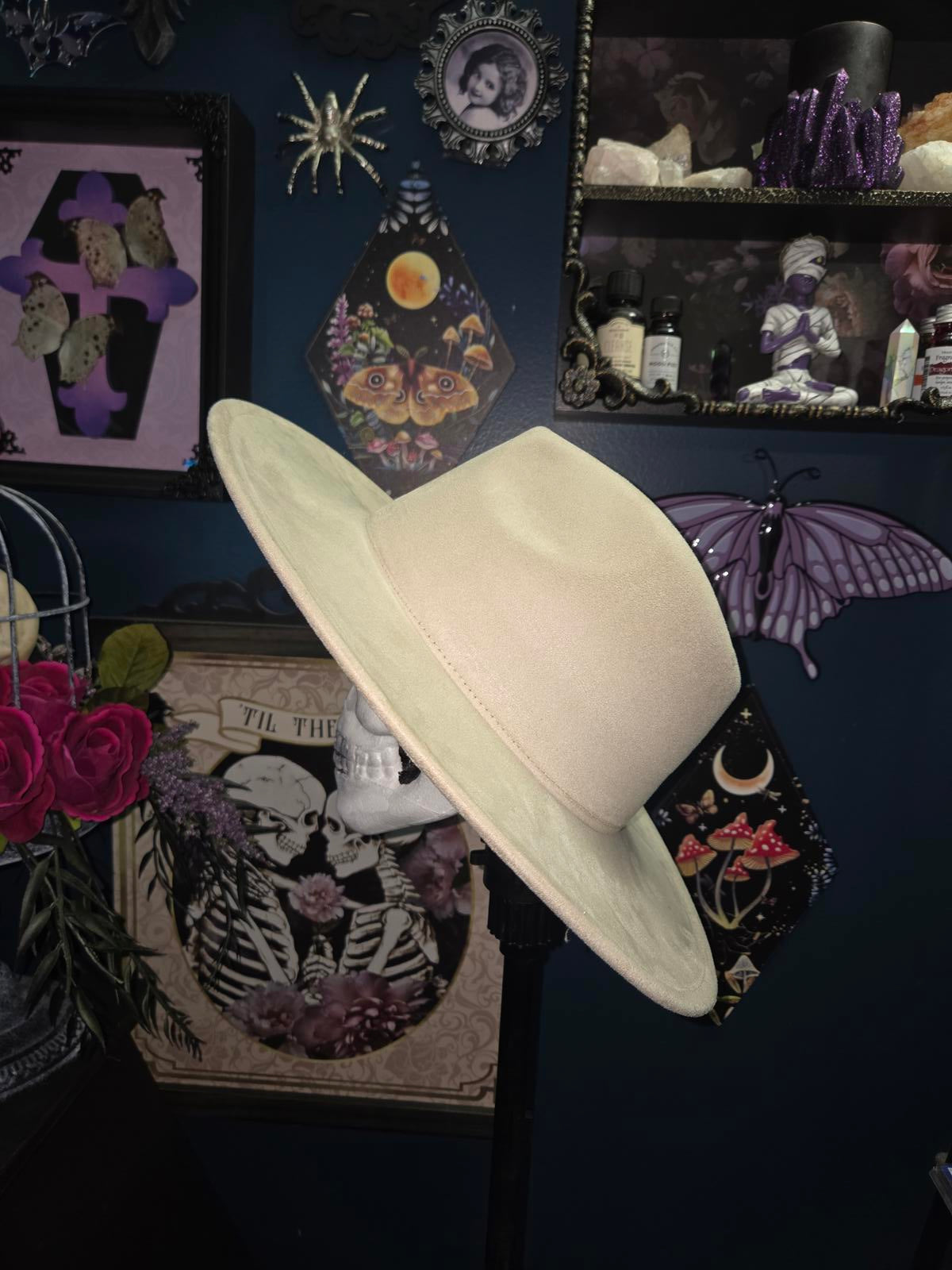 Ivory vegan suede wide brim fedora hat with rainbow moths and moons