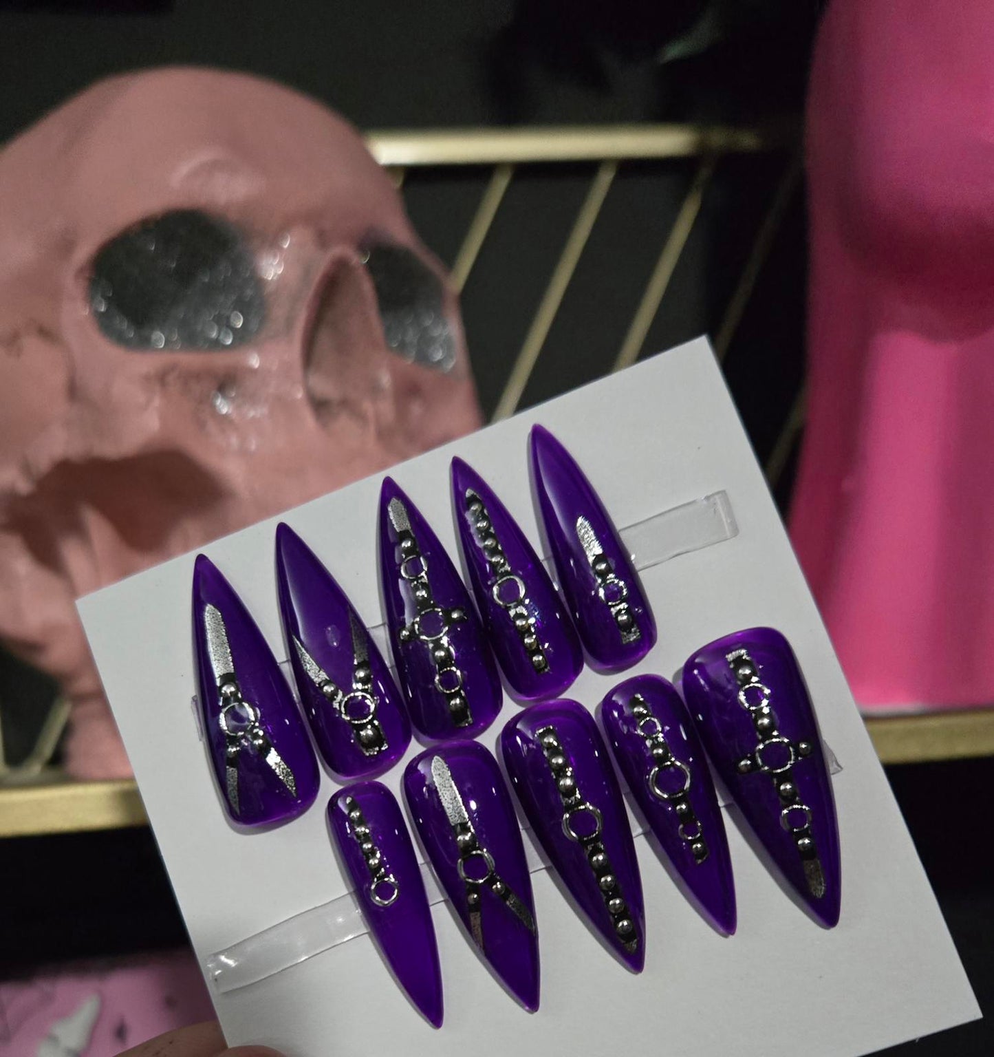 Purple bondage stiletto nails custom made