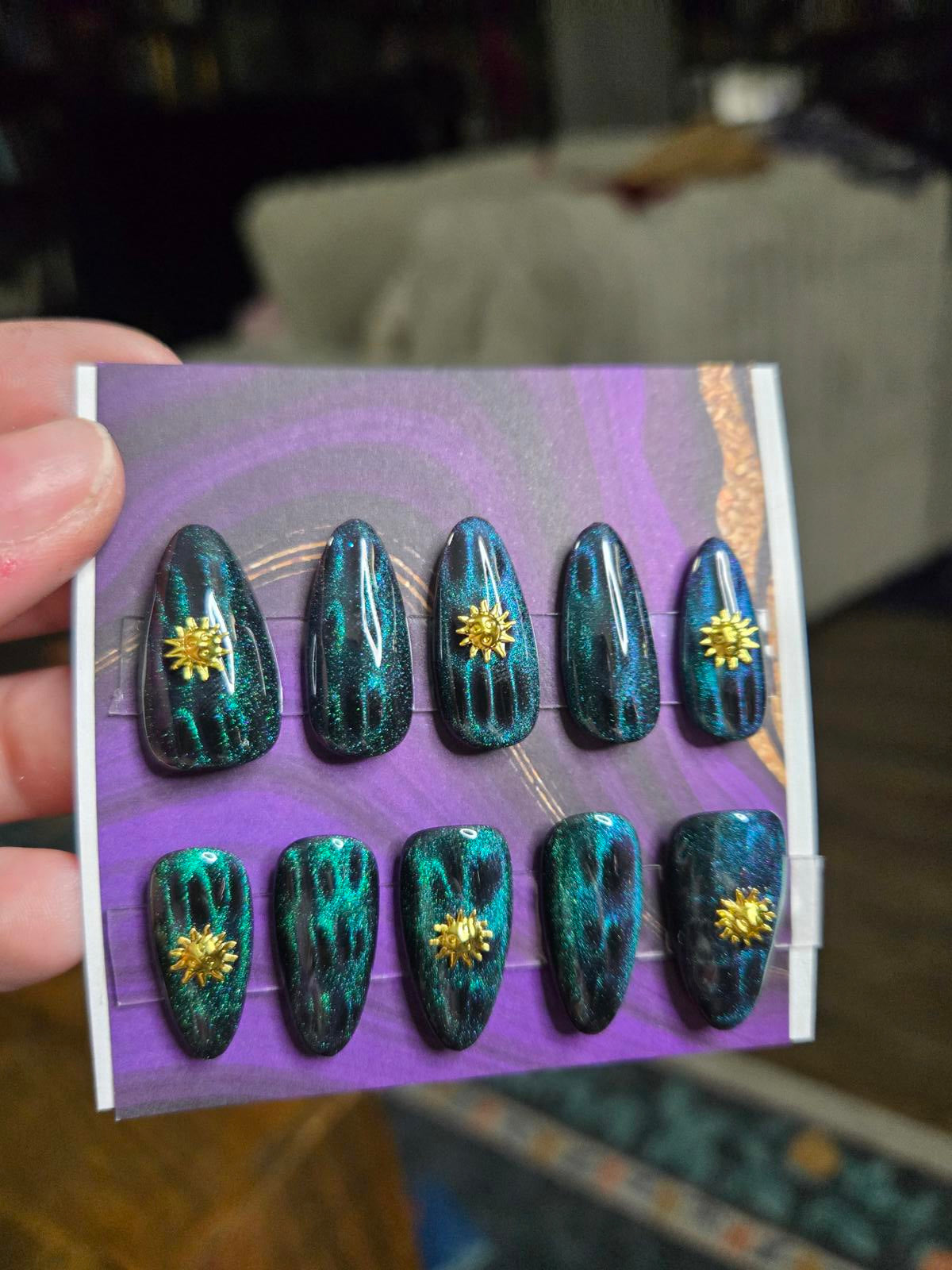 Almond green cat eye and sun nails custom made