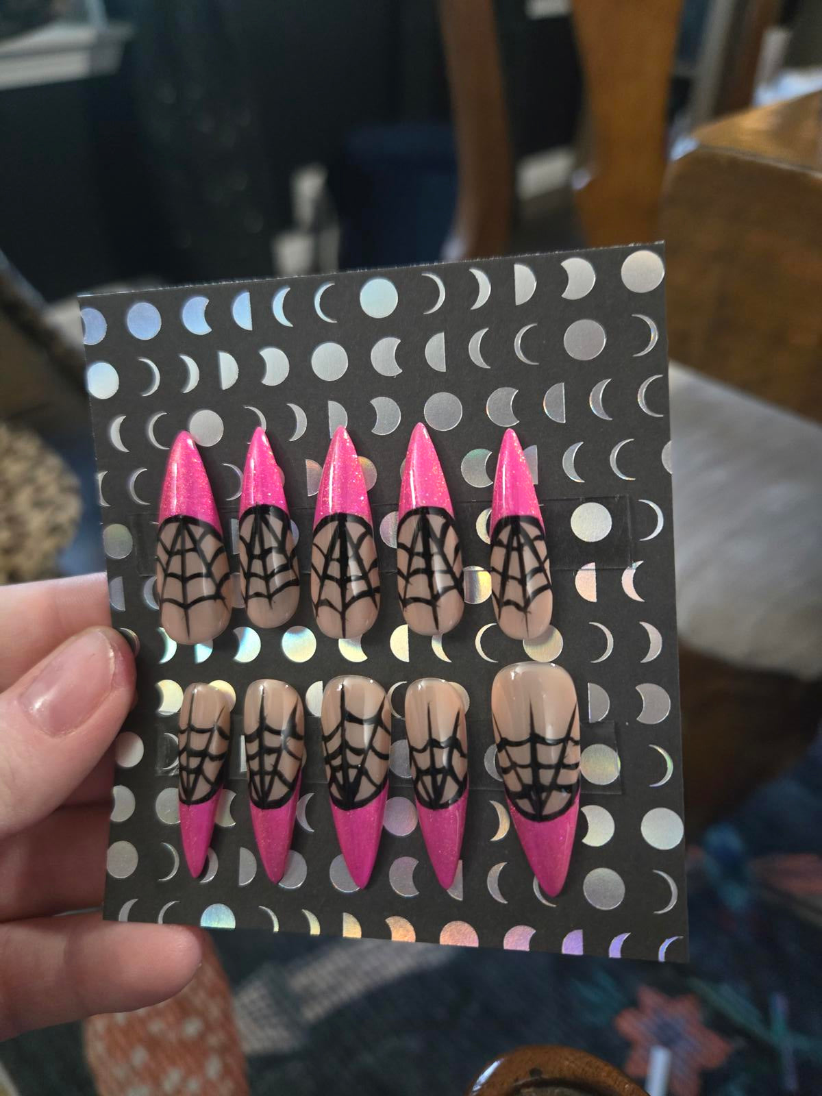 Spiderweb hot pink french tip stiletto press on nails custom made