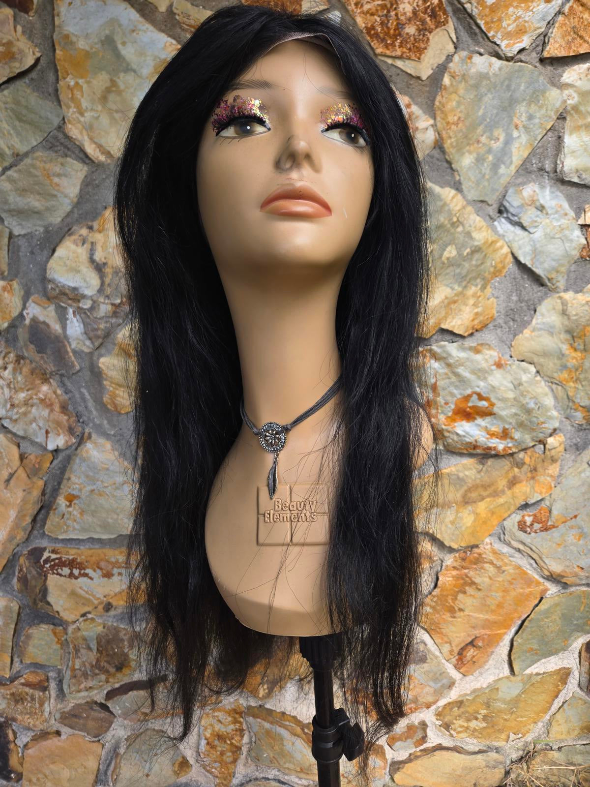 Human hair lace front wig natural black