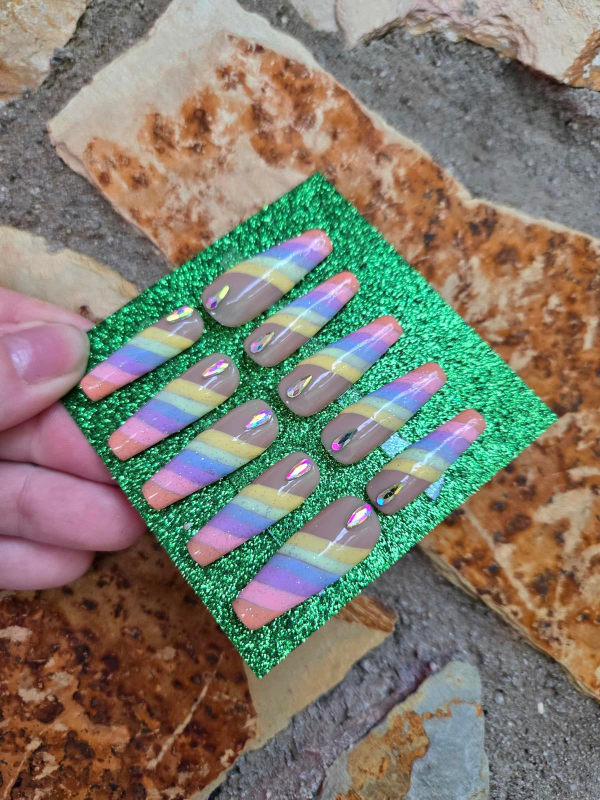 Nude and pastel rainbow striped nails custom made