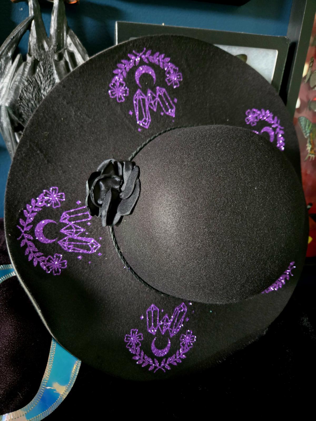 Witchy crystals Hand designed wide brim hat
