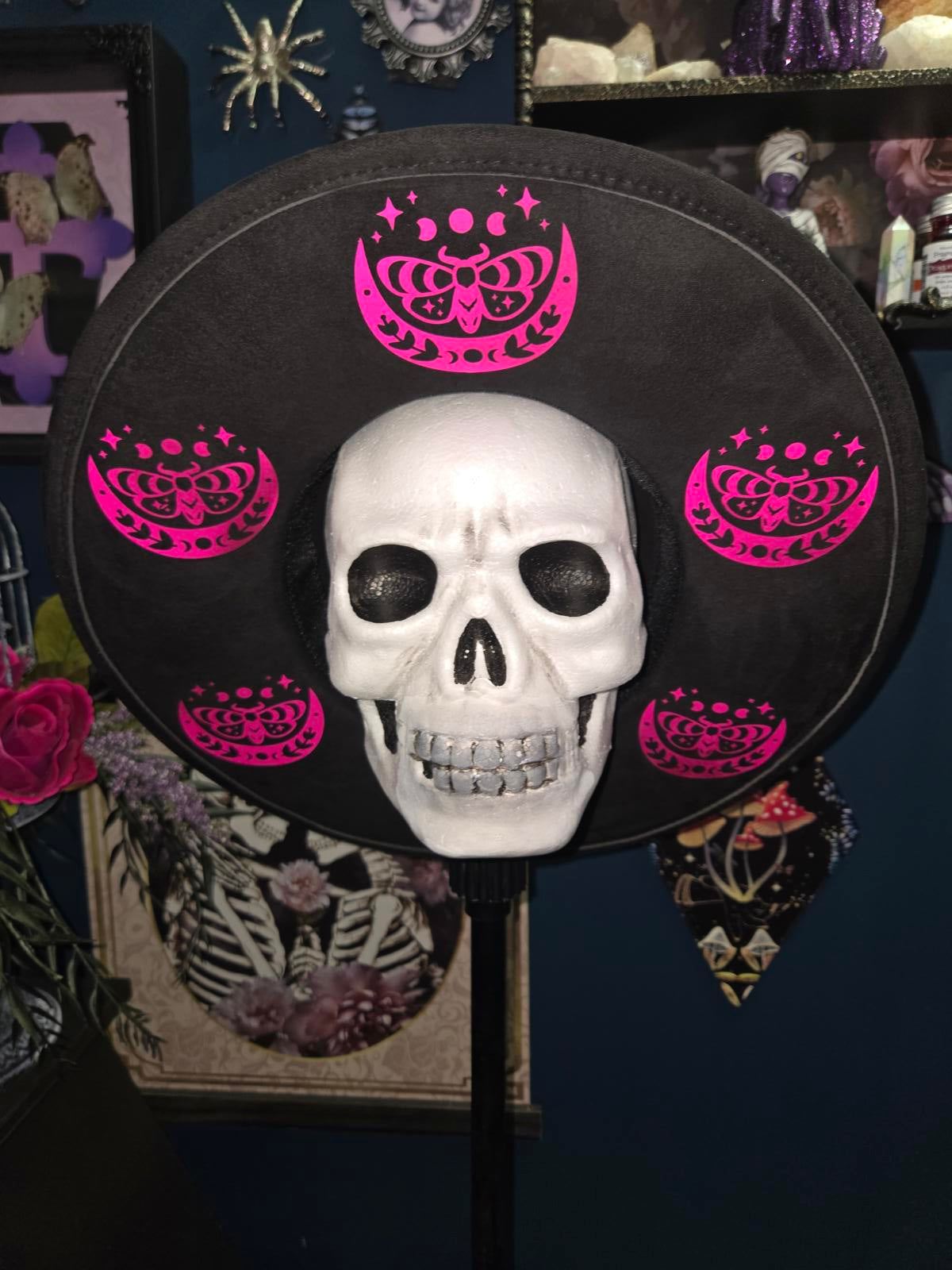 Black vegan suede wide brim fedora hat with hot pink moon moths and stars
