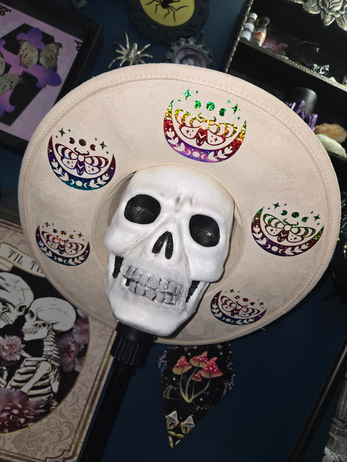 Ivory vegan suede wide brim fedora hat with rainbow moths and moons