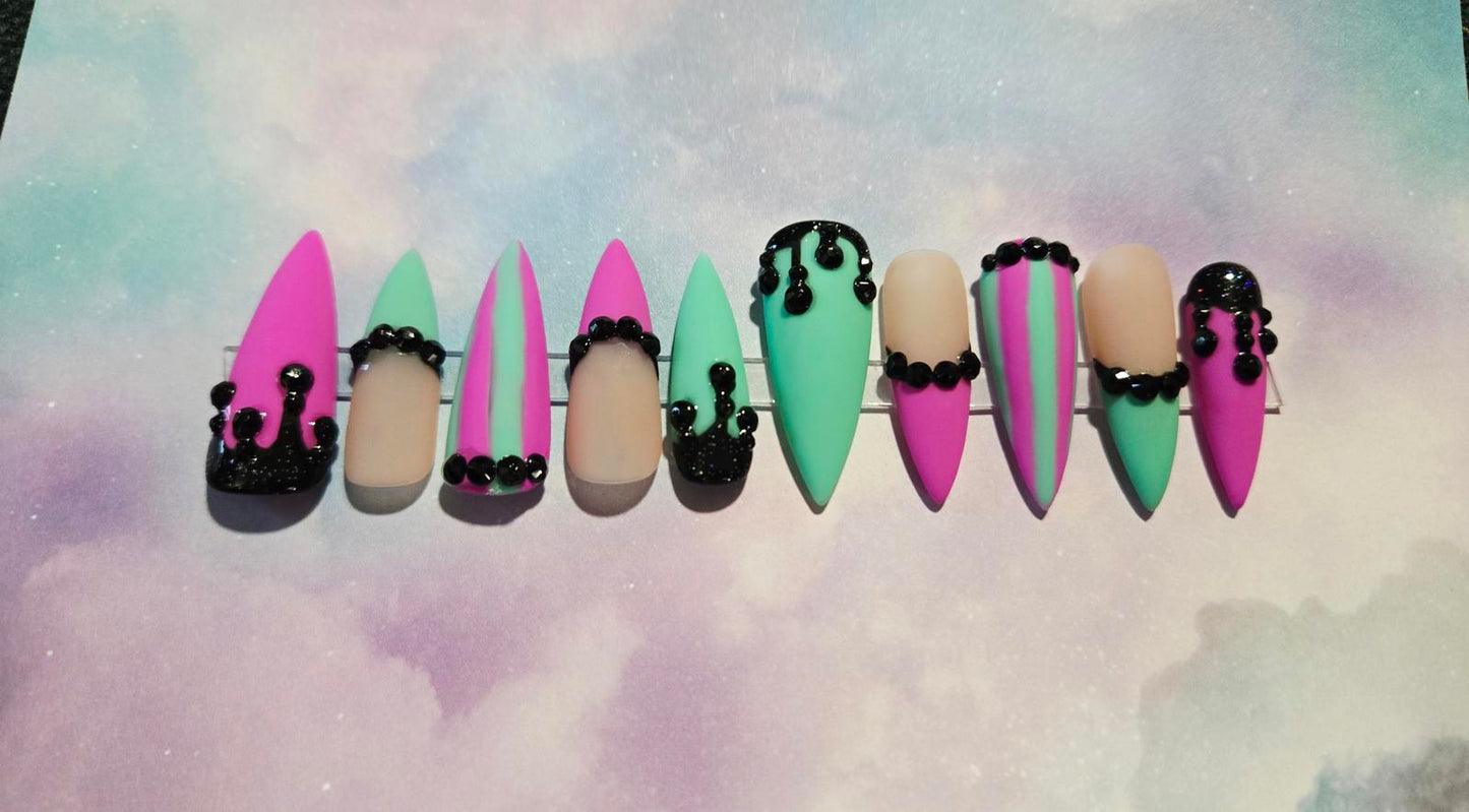 Matte pastel stiletto drippy nails custom made