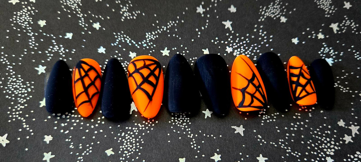 Halloween orange and black marble spiderweb nails custom made