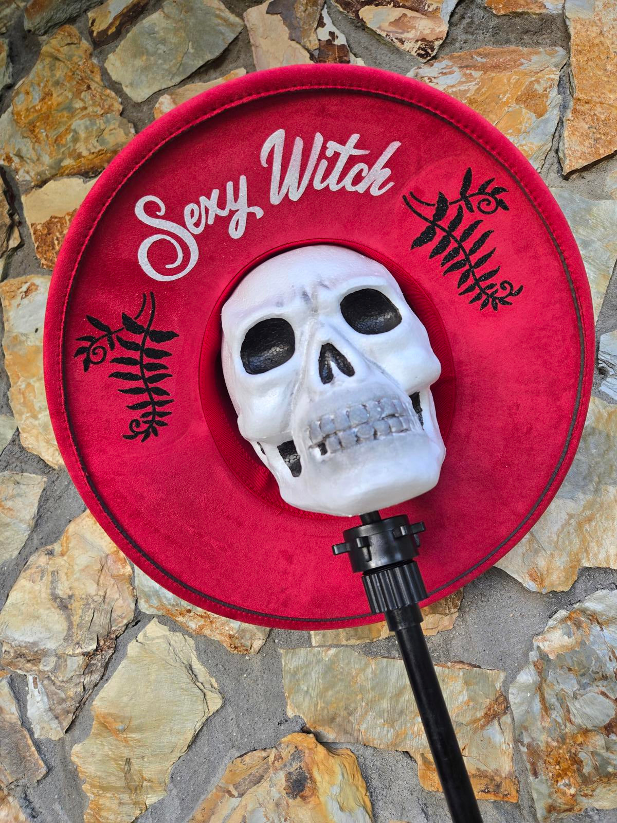 Sexy witch and ferns red wide brim vegan fedora hat