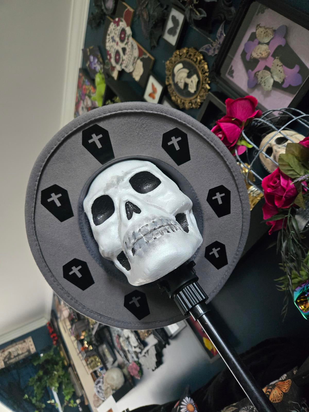 Grey fedora hat with coffin designs
