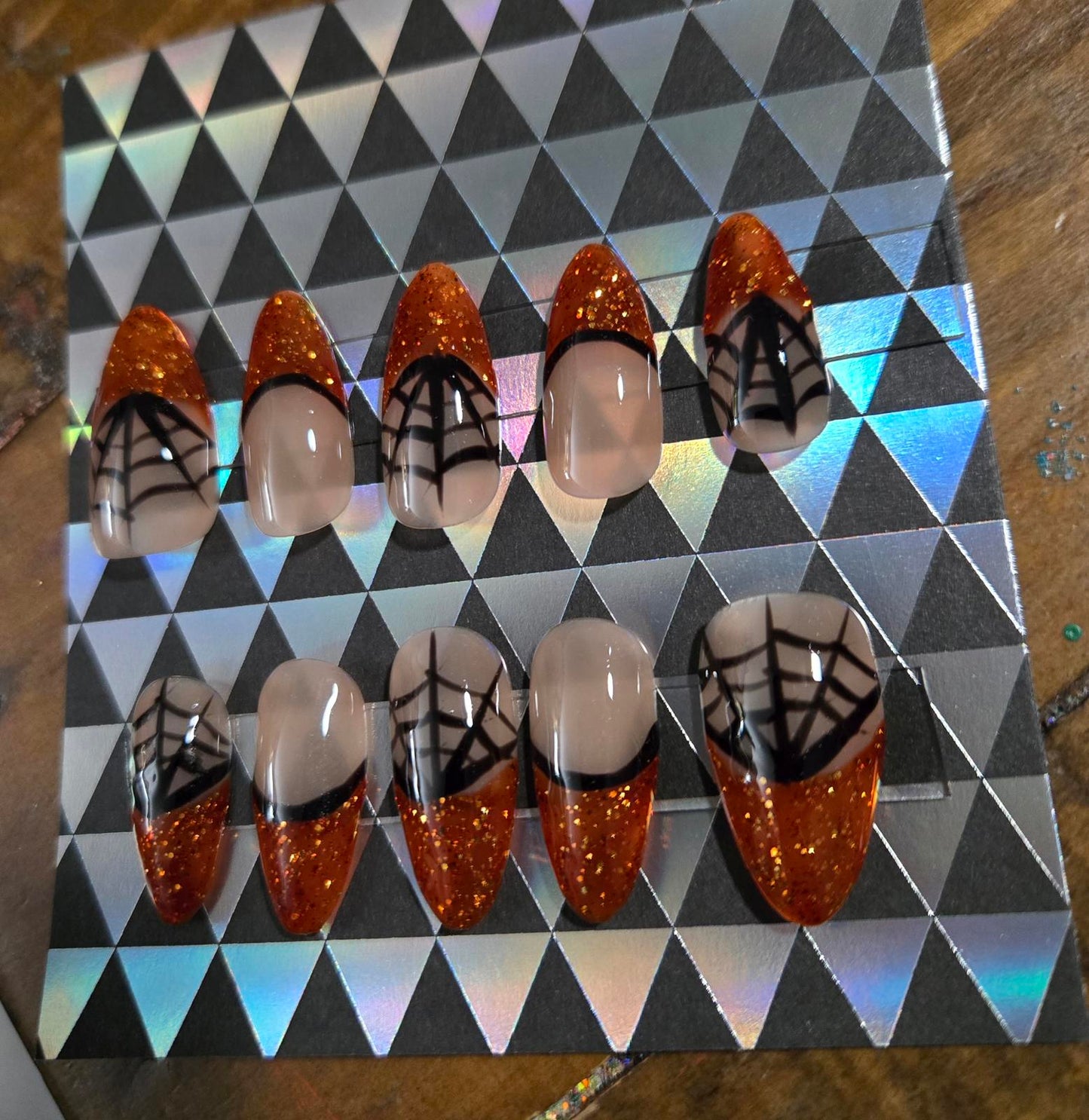 Almond orange glitter french tip with spiderwebs press on nails custom made