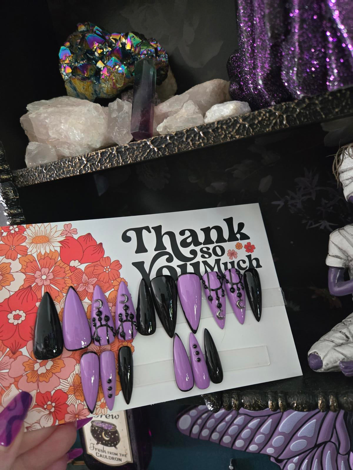 Witchy lace purple black nails custom made