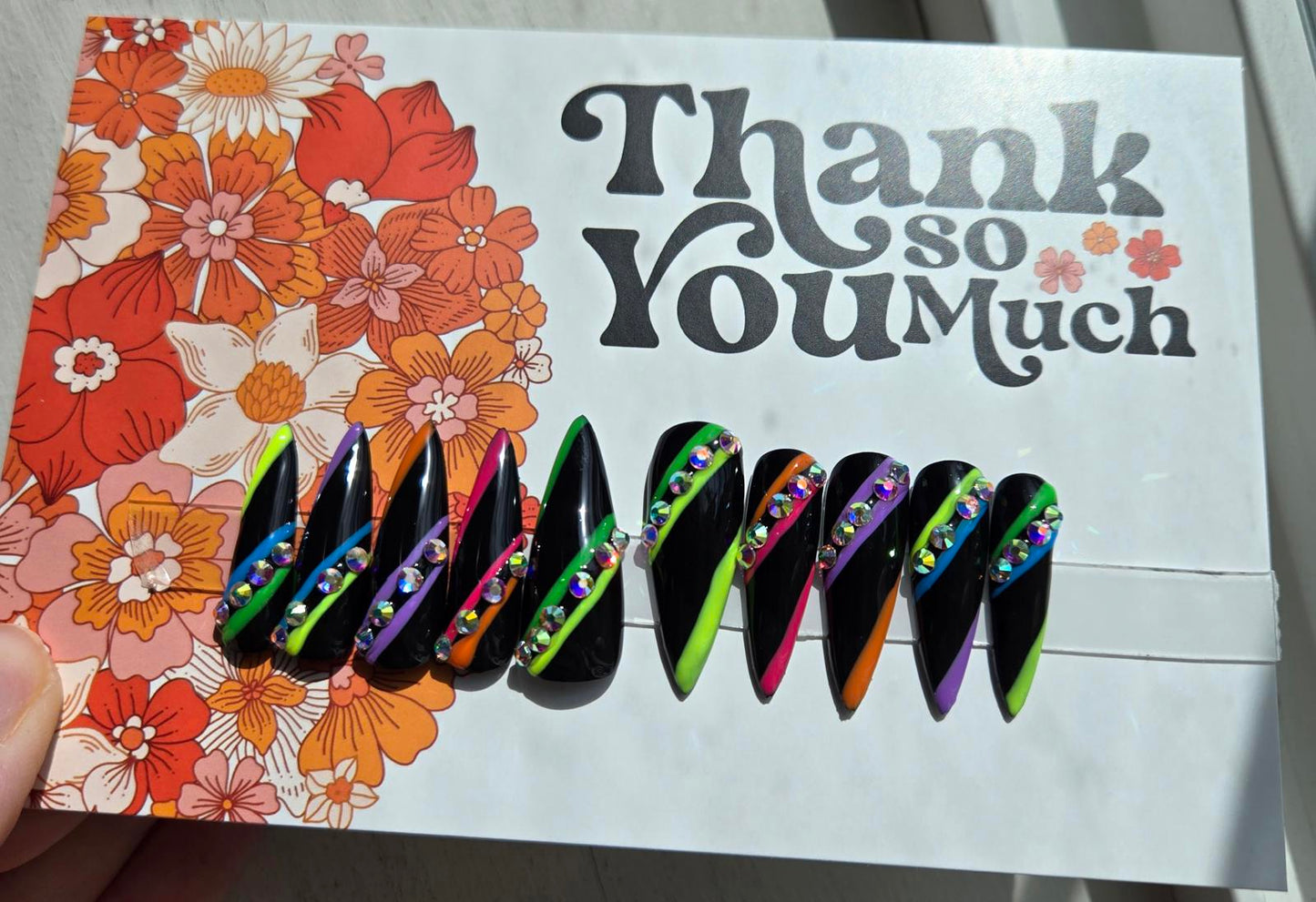 Black and rainbow bling press on nails custom made