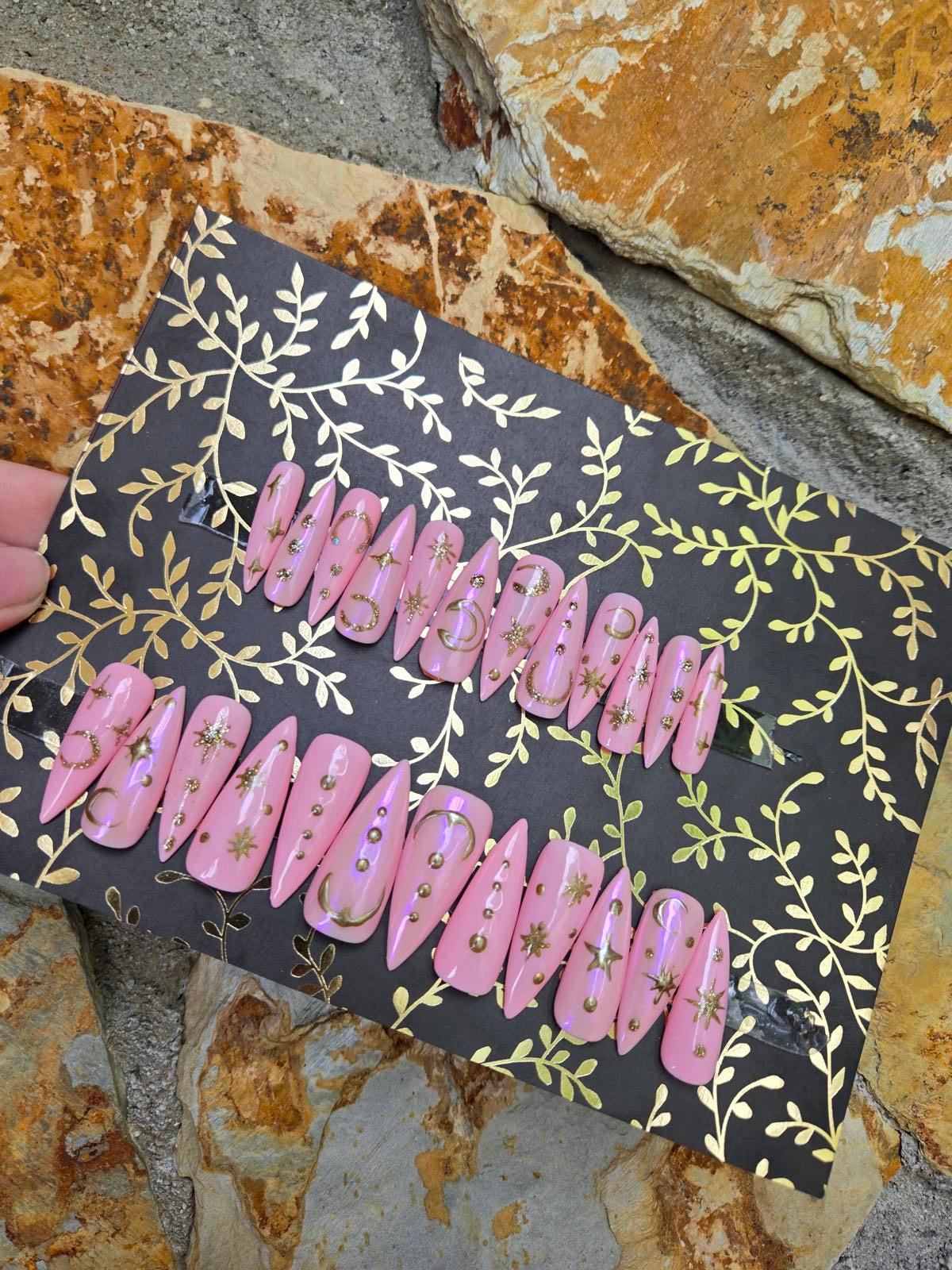 Light pink and gold celestial nails custom made
