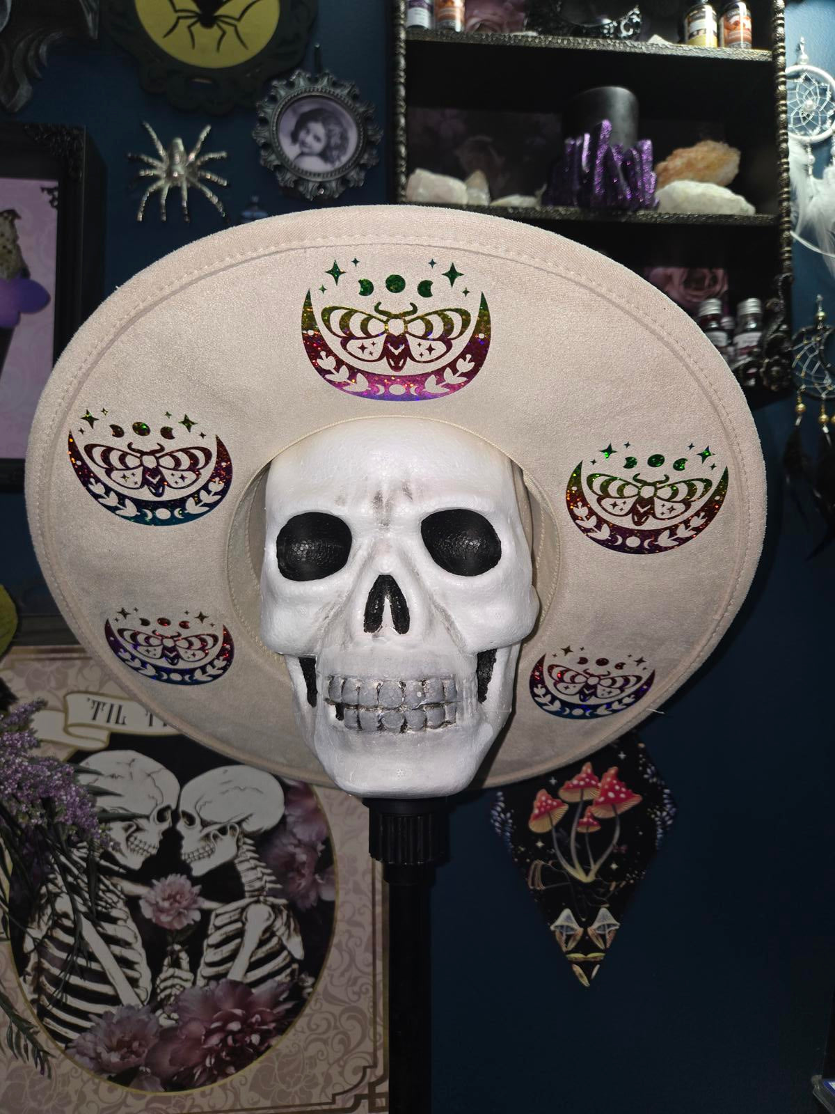 Ivory vegan suede wide brim fedora hat with rainbow moths and moons