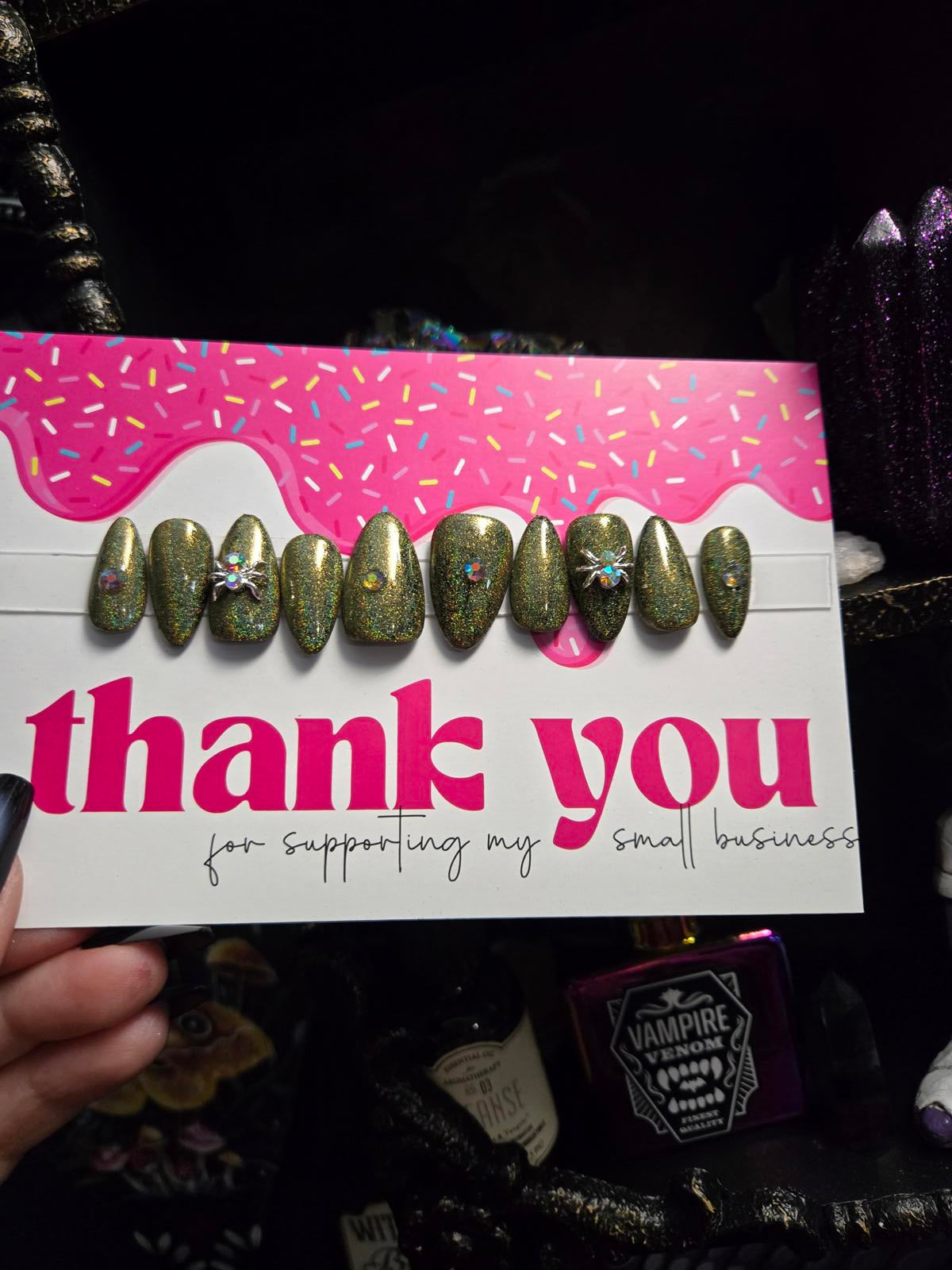 Holographic gold press on nails with spider charms