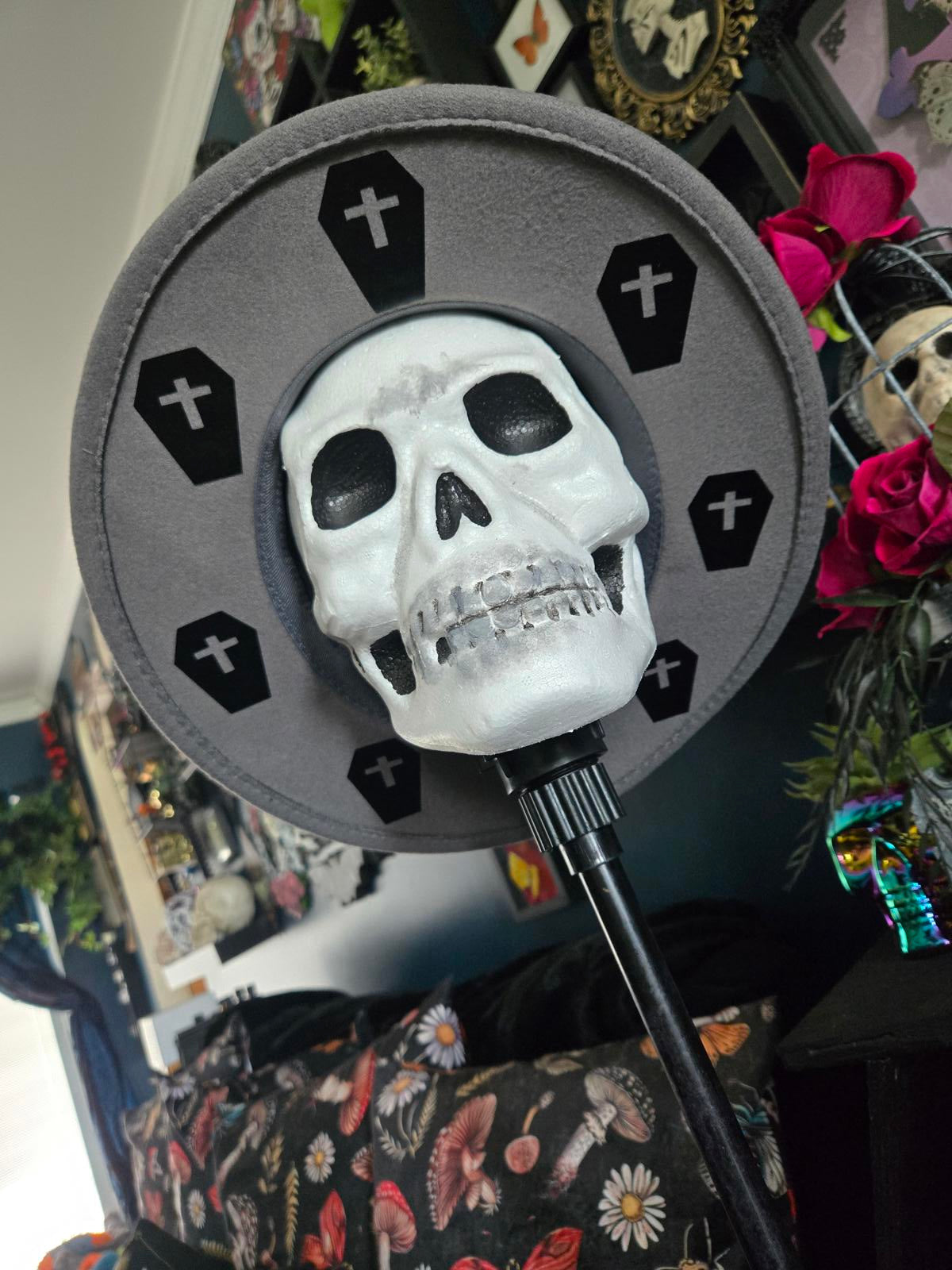 Grey fedora hat with coffin designs