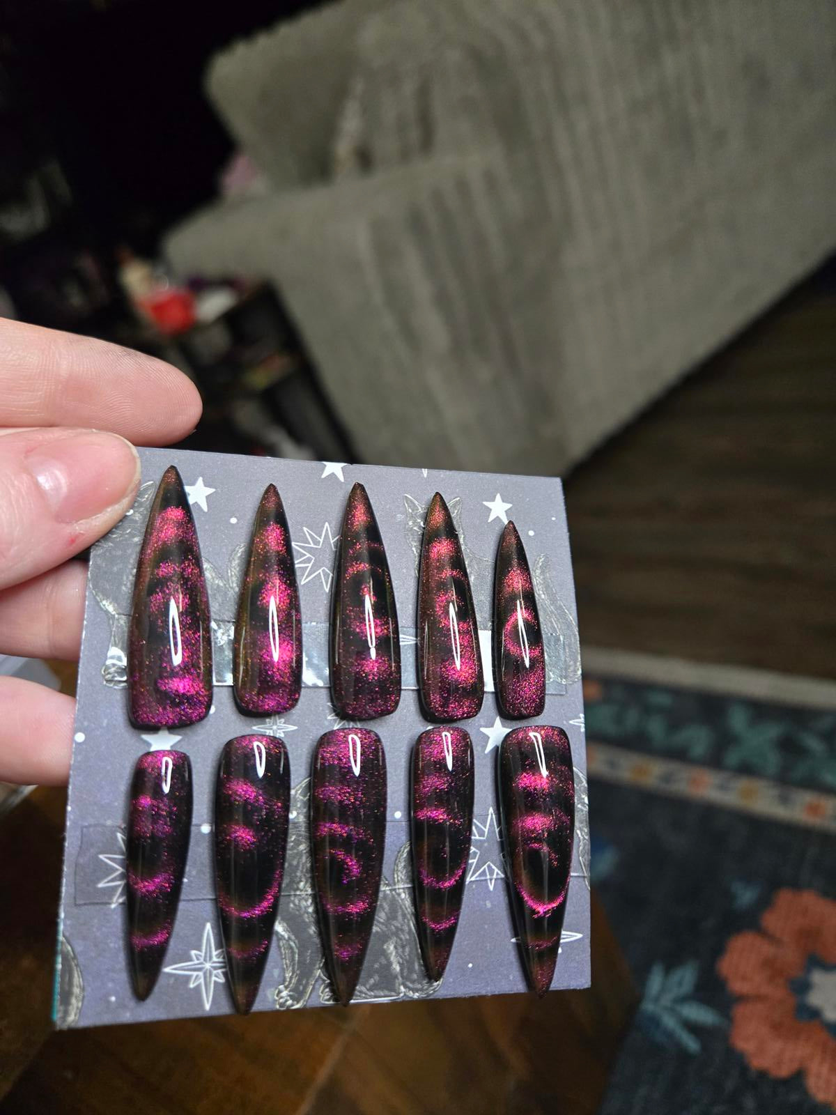 Extra long stiletto swirly cat eye nails custom made