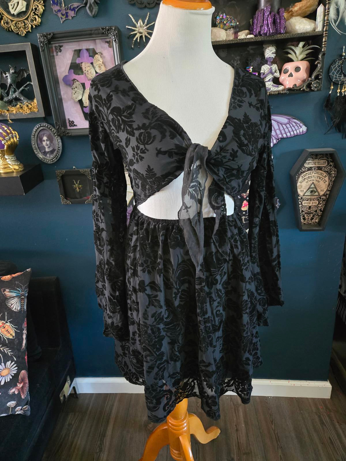 Black gothic whimsygoth tie front flocked dress