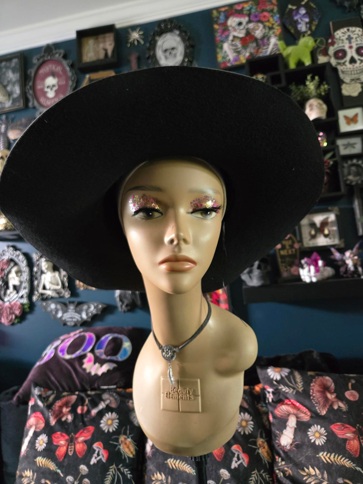 Witchy crystals Hand designed wide brim hat