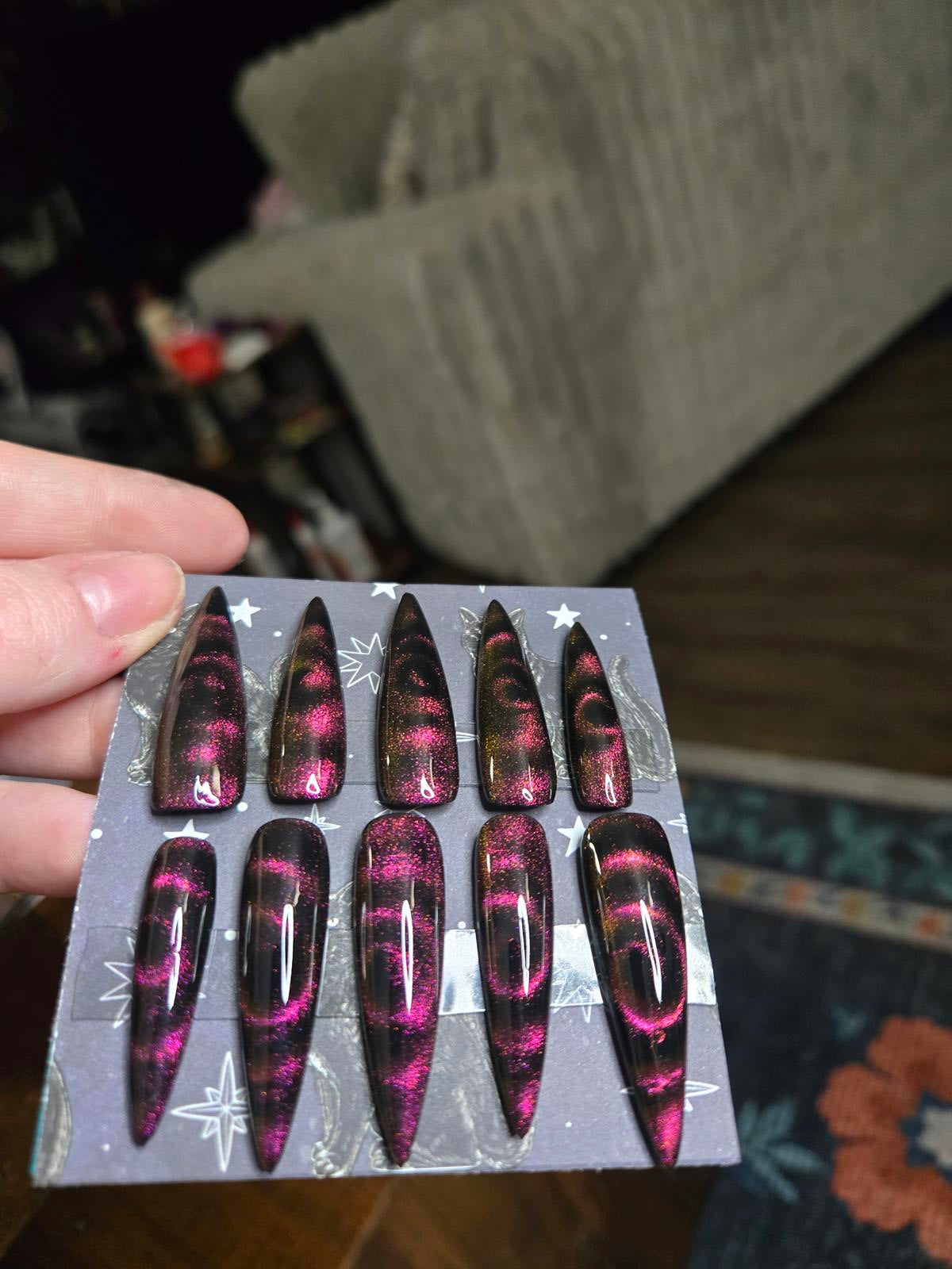 Extra long stiletto swirly cat eye nails custom made