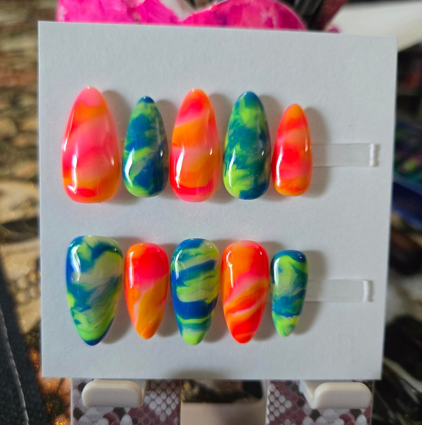 Neon marble almond nails custom made