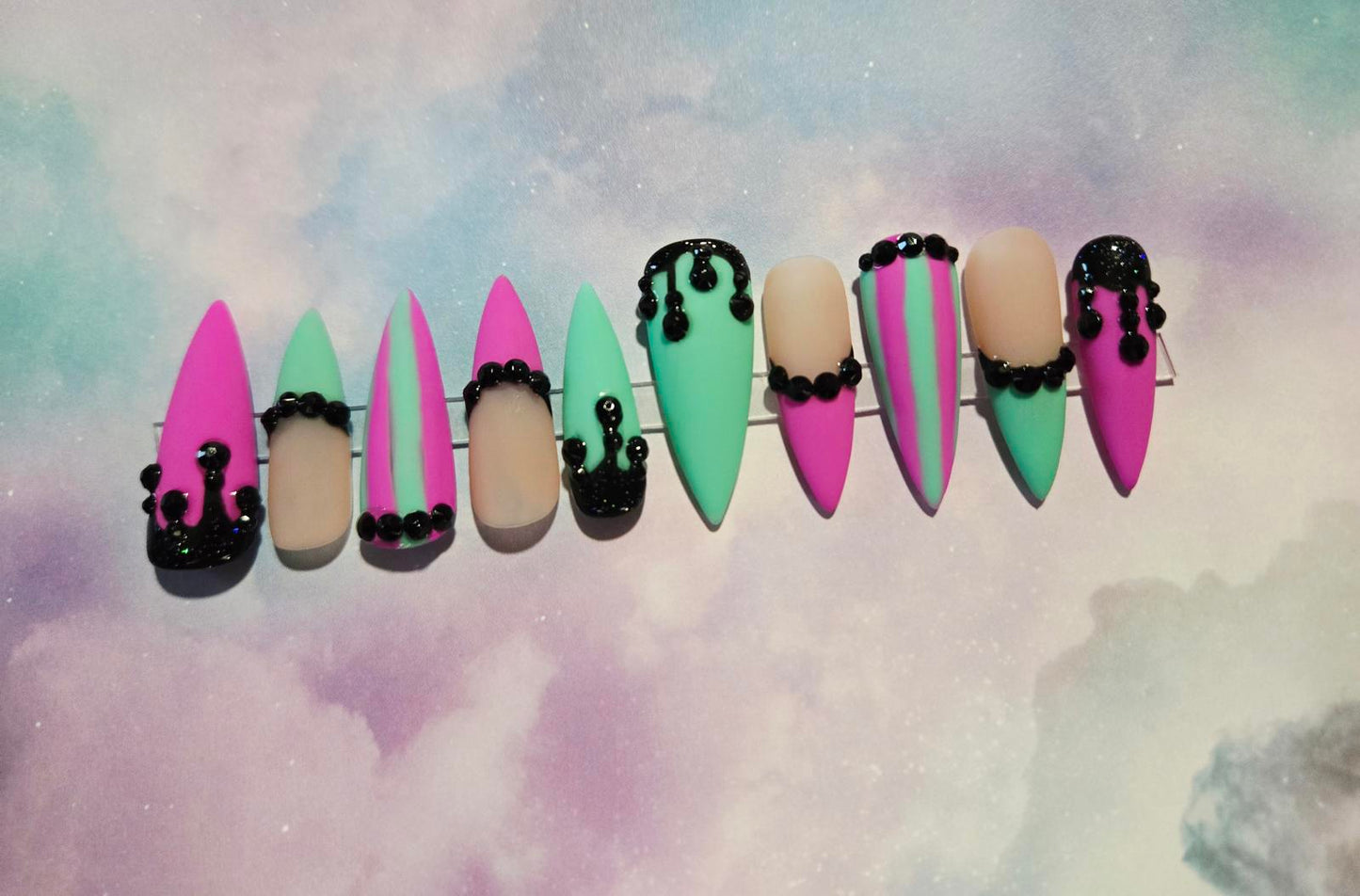 Matte pastel stiletto drippy nails custom made