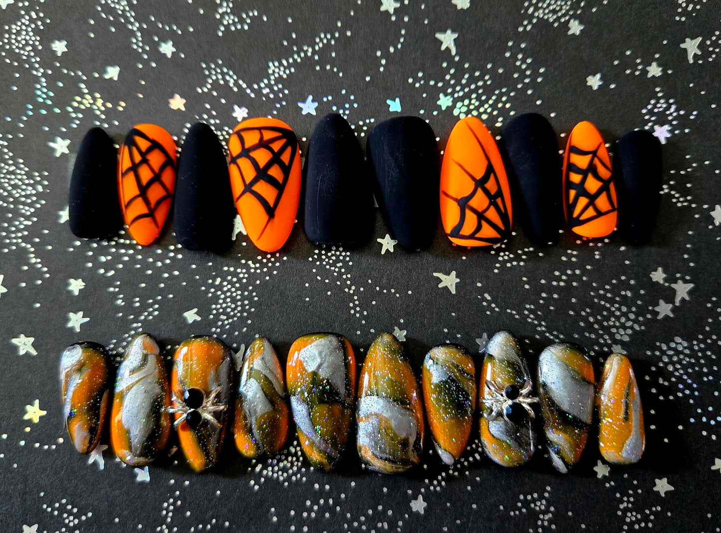 Halloween orange and black marble spiderweb nails custom made