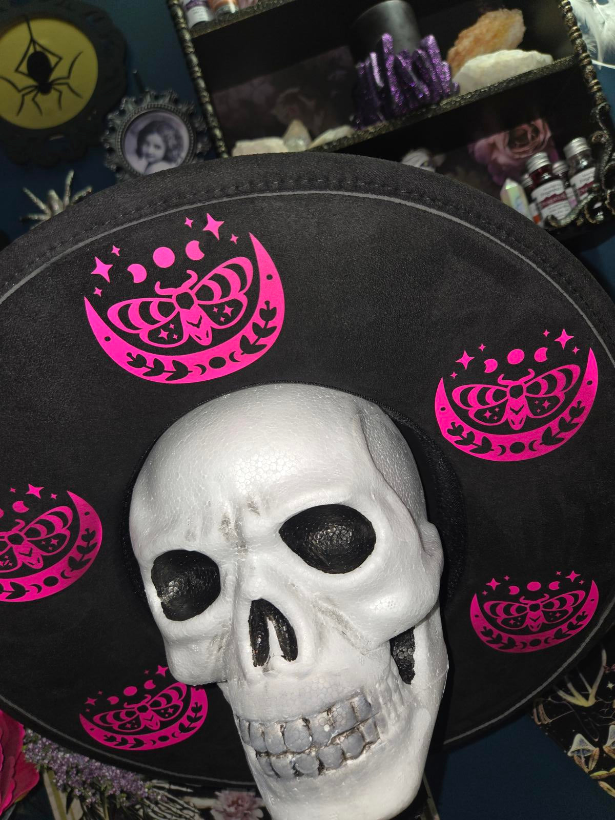 Black vegan suede wide brim fedora hat with hot pink moon moths and stars
