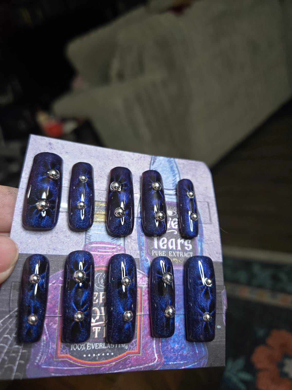 Blue cat eye floral burst nails custom made