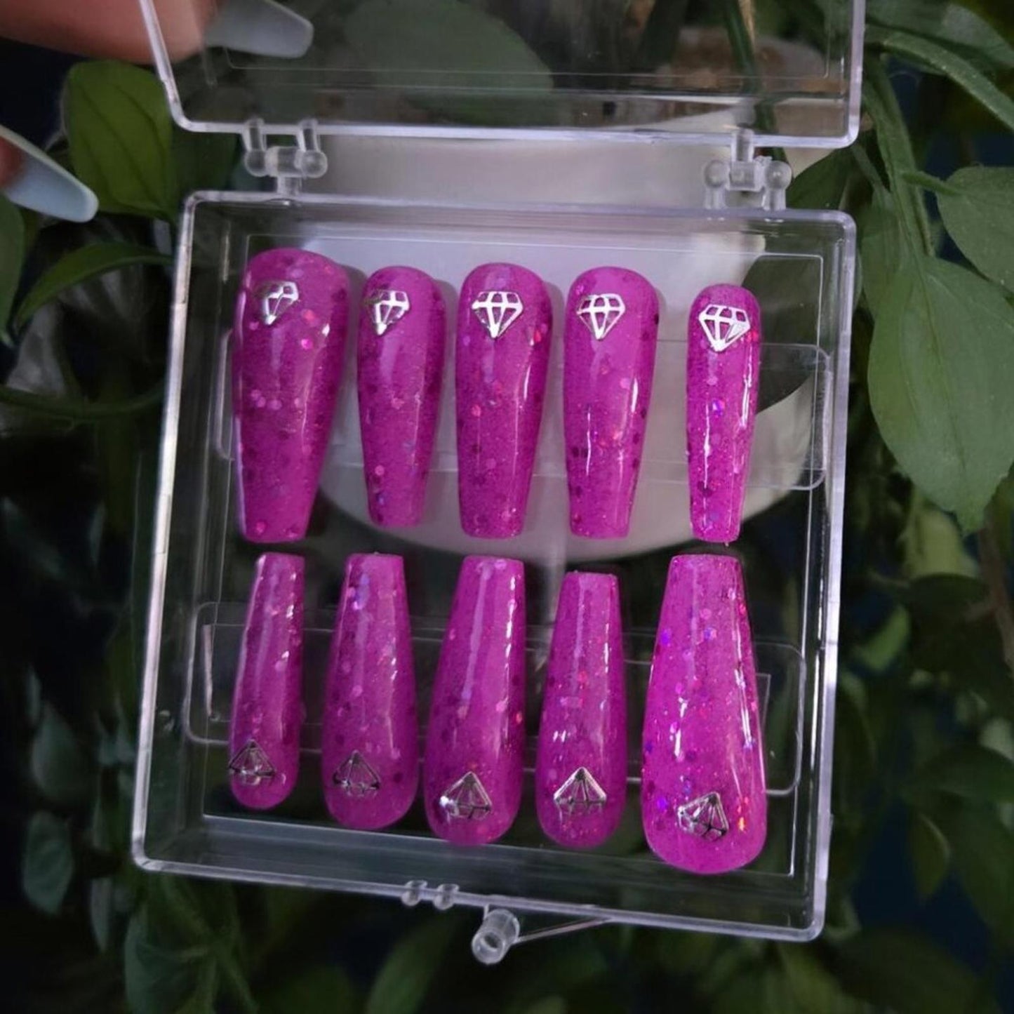 Ballerina shaped magenta sparkly press on custom nails
