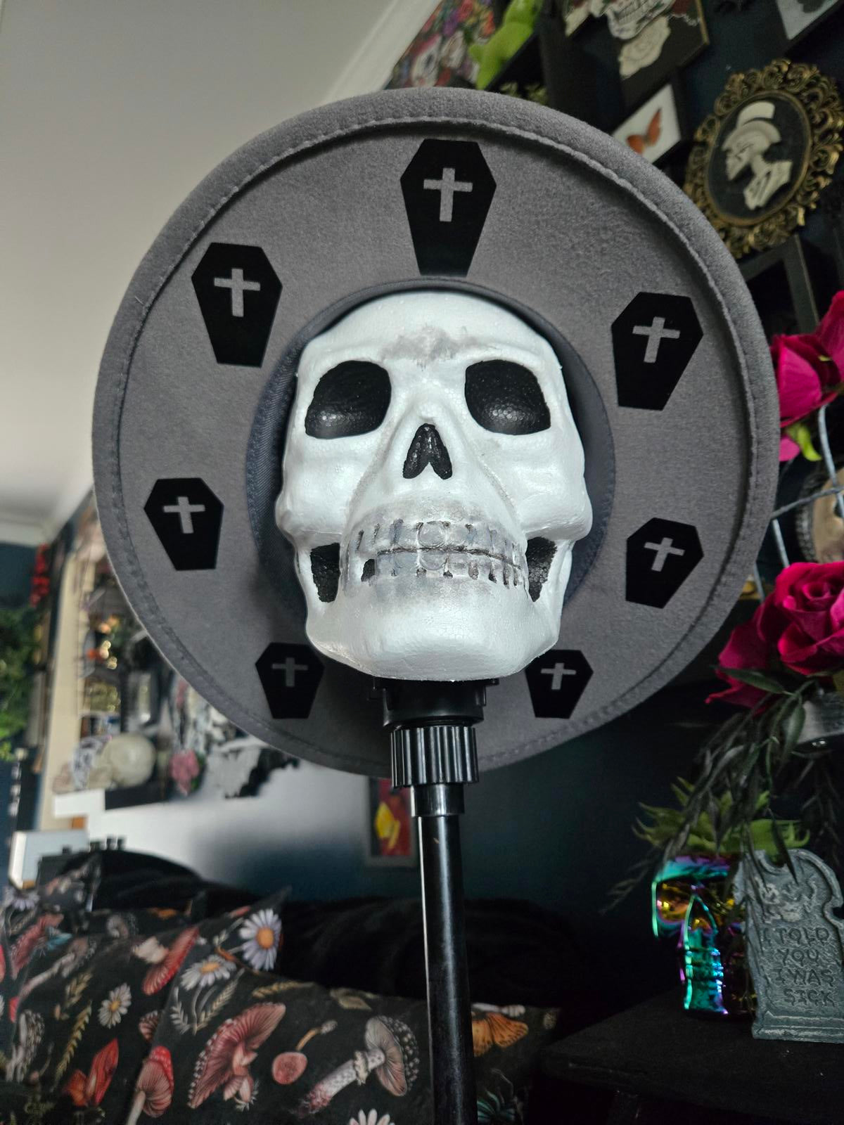 Grey fedora hat with coffin designs