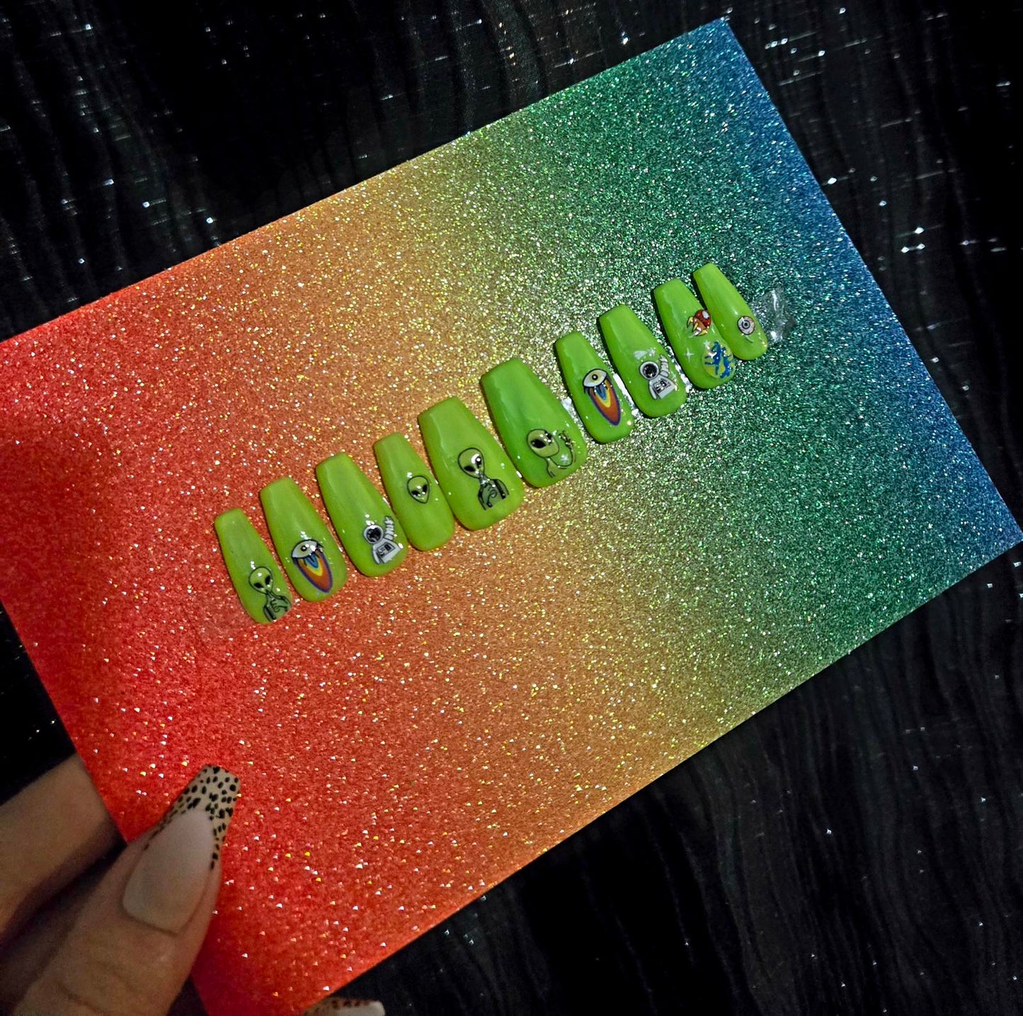 Colorful Alien Press-On Nails handmade made to order