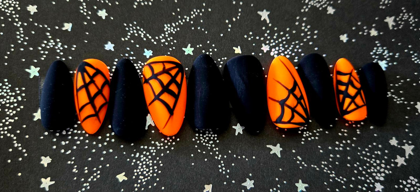 Halloween orange and black marble spiderweb nails custom made