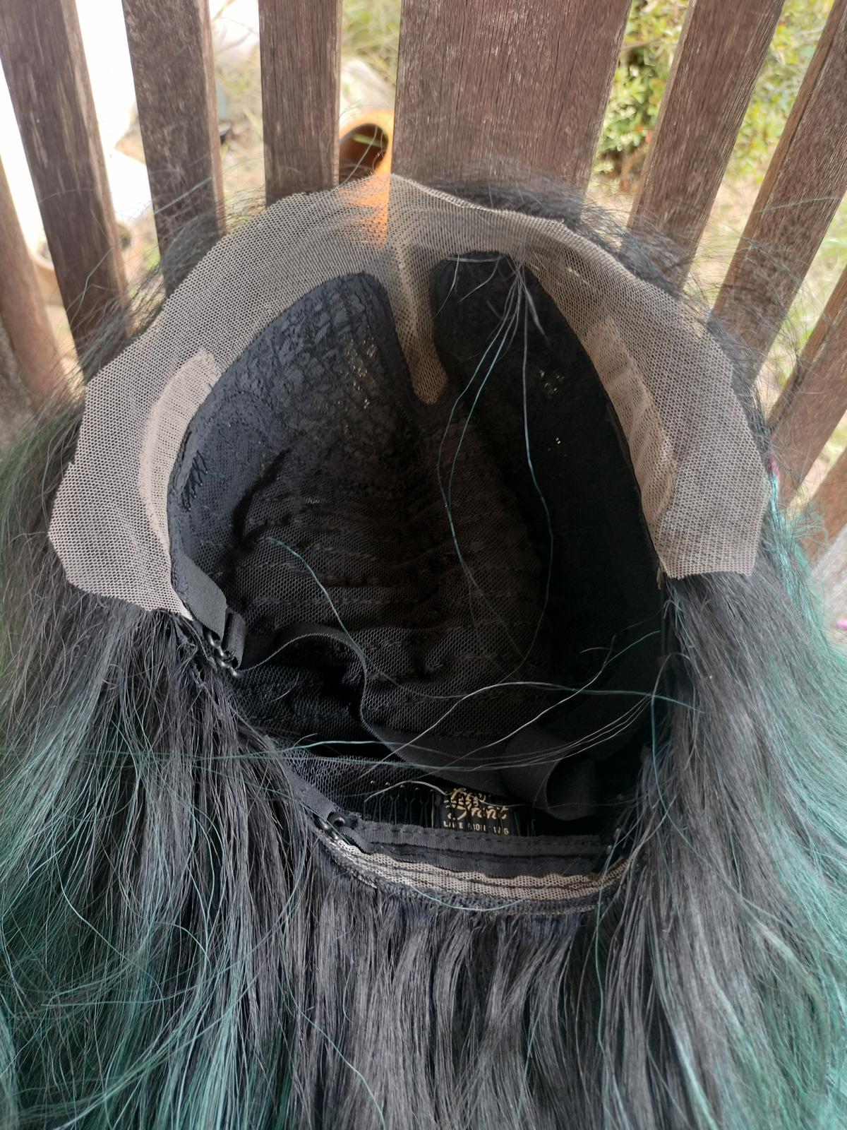Emerald green wavy lace front wig with dark roots
