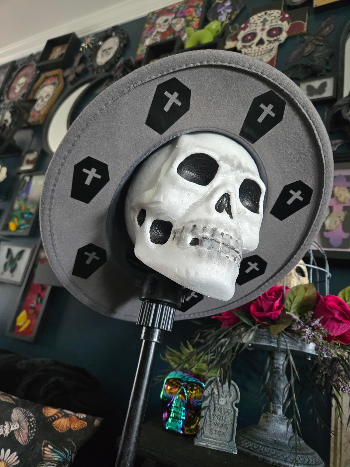 Grey fedora hat with coffin designs