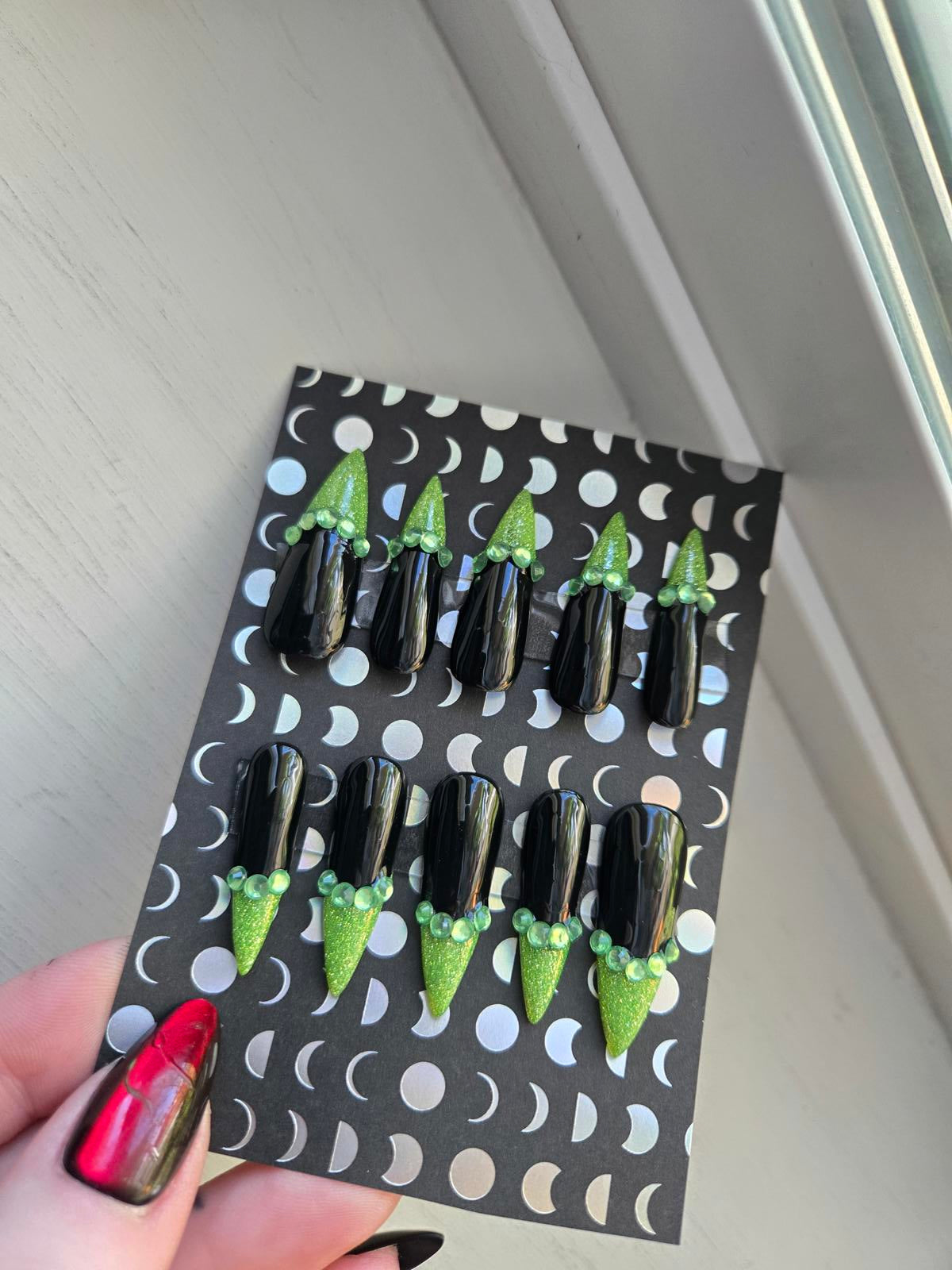 Black and glitter green french tip rhinestone press on nails custom made