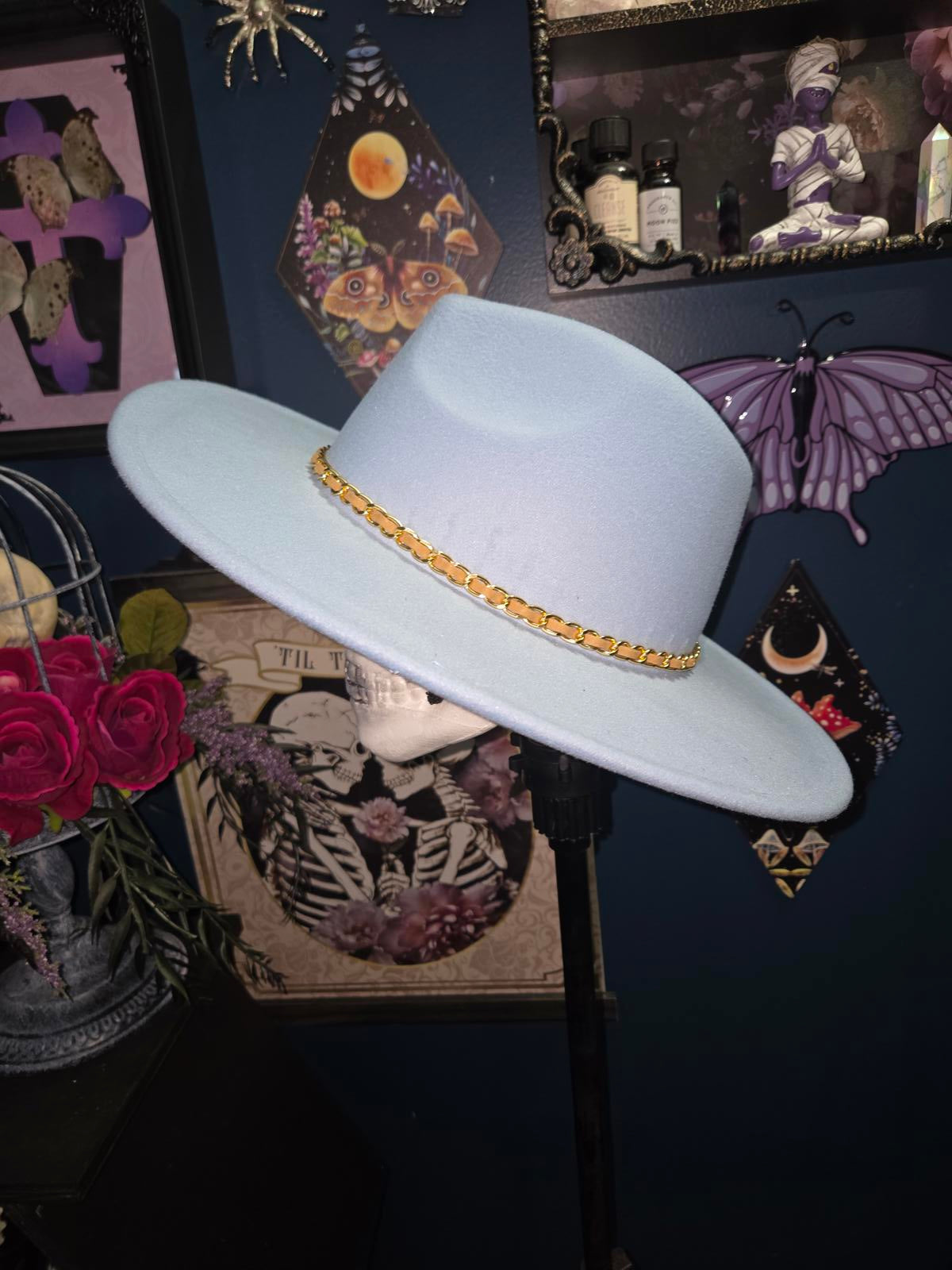 Blue vegan wool wide brim fedora hat with moon phases "just a phase"