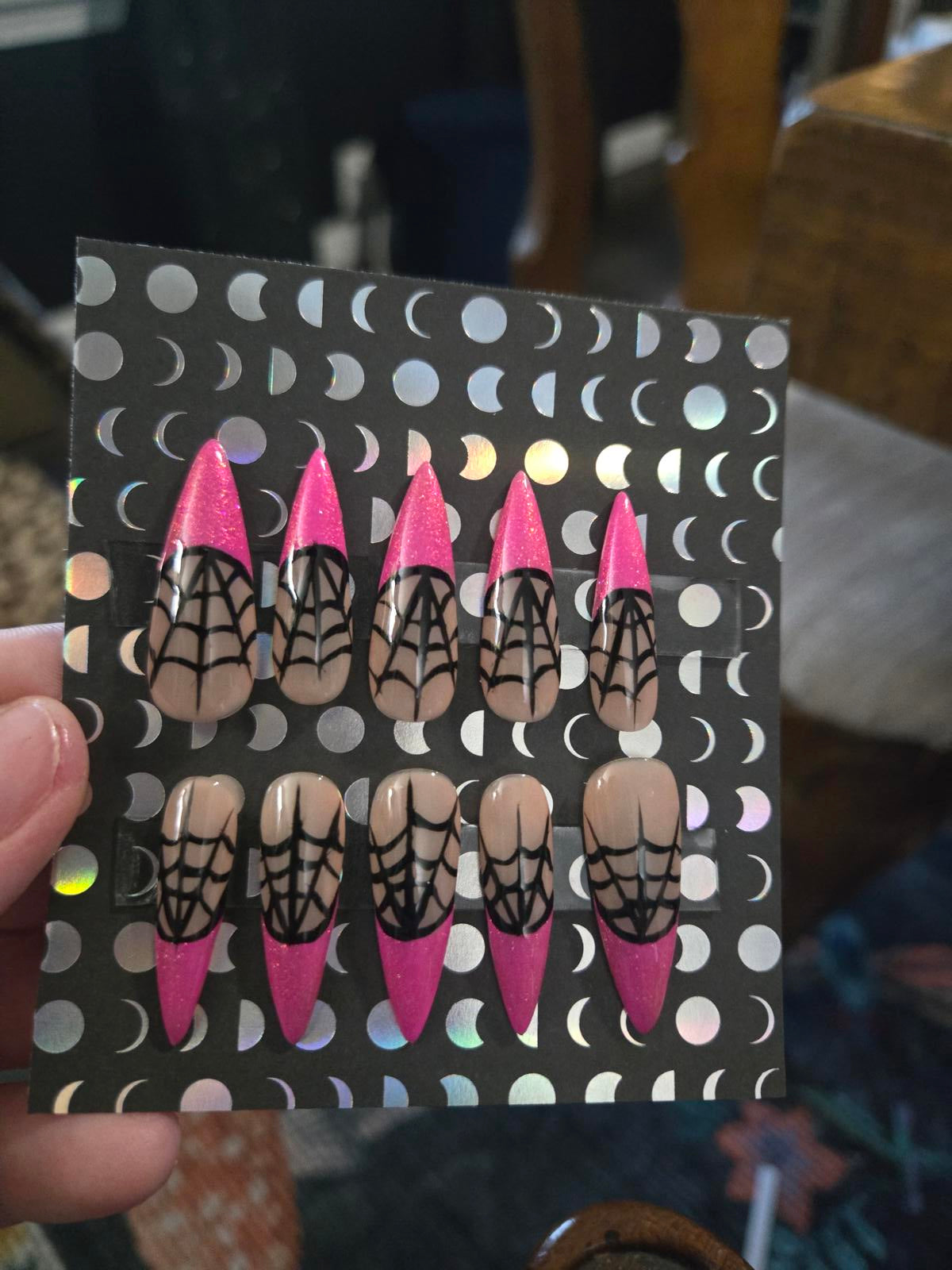 Spiderweb hot pink french tip stiletto press on nails custom made