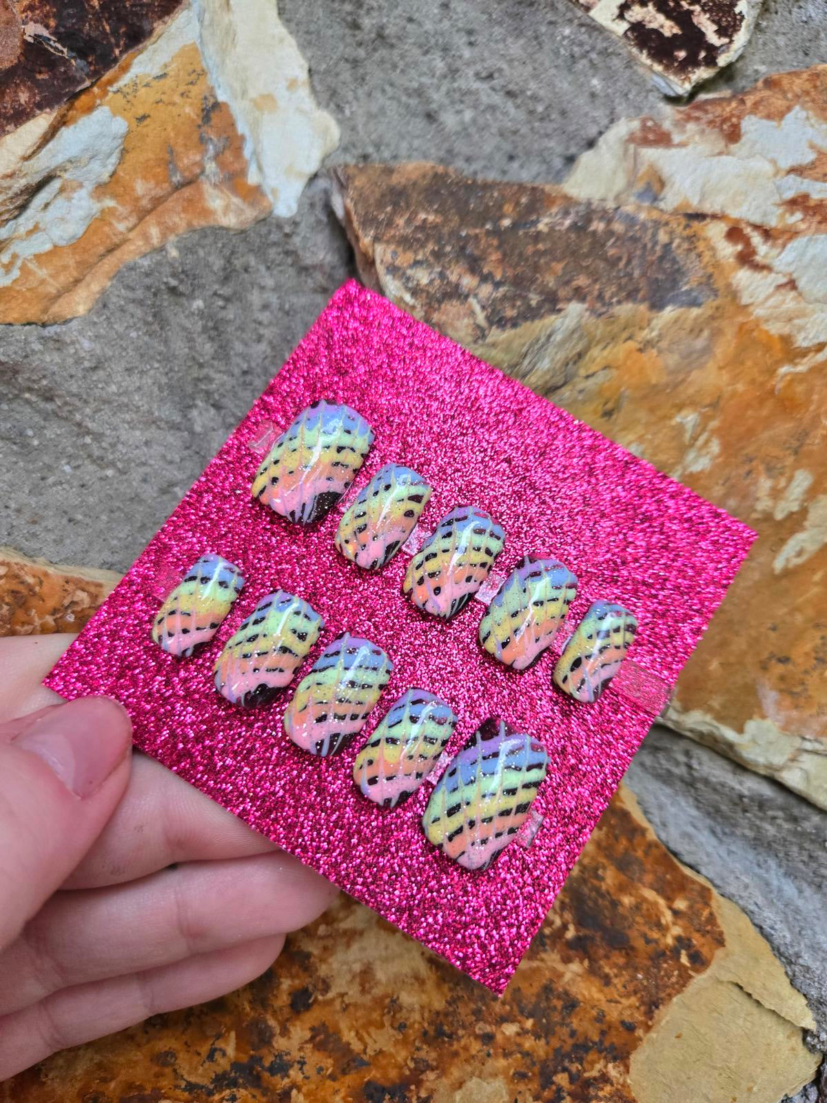 Short square pastel tie dye rainbow nails custom made