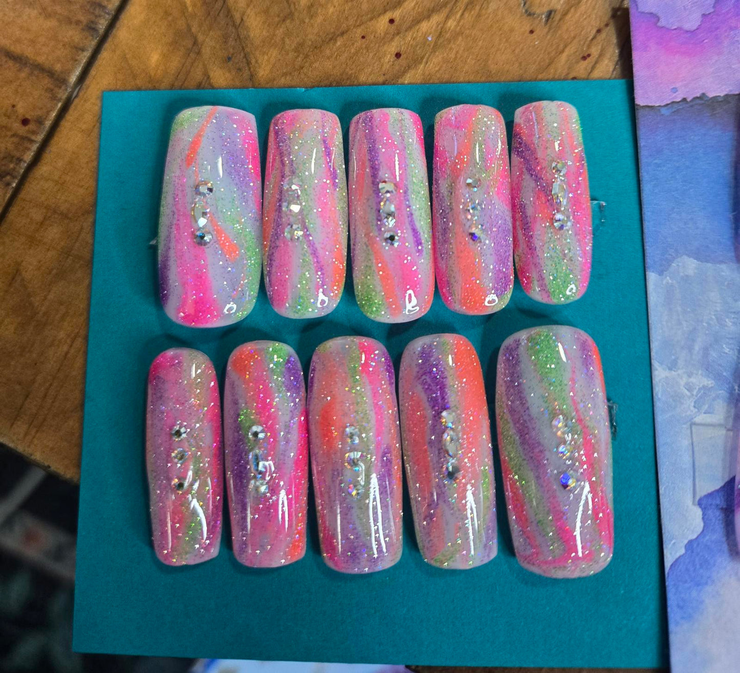 Neon watercolor square press on nails custom made
