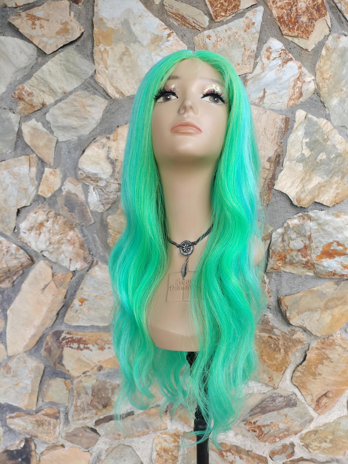 Turquoise and seafoam green wavy lace front wig
