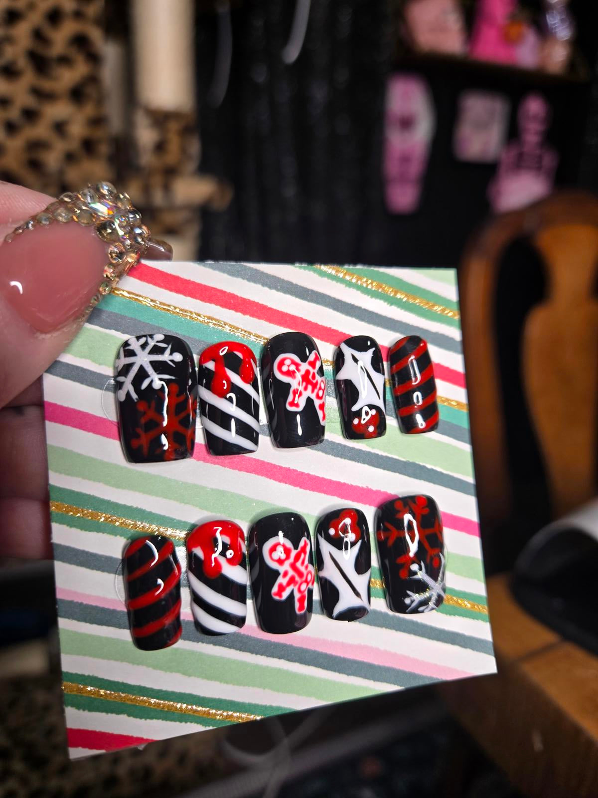 Spooky christmas black and red nails custom made