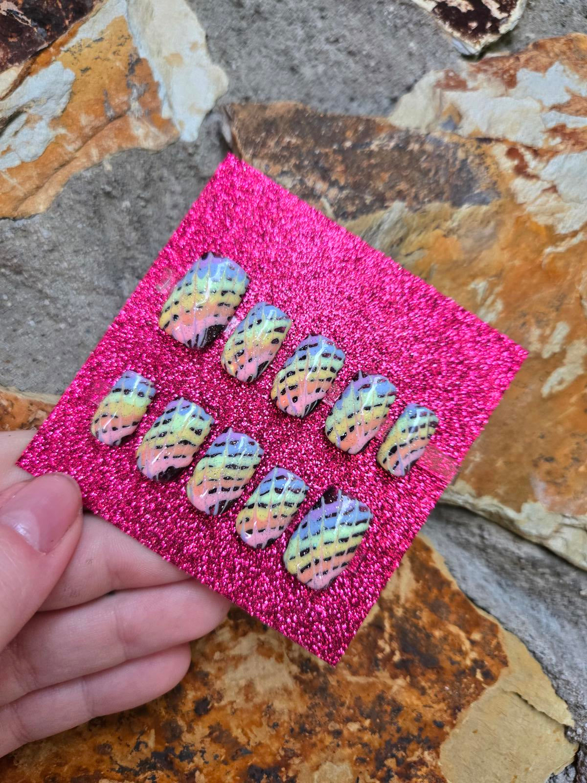 Short square pastel tie dye rainbow nails custom made