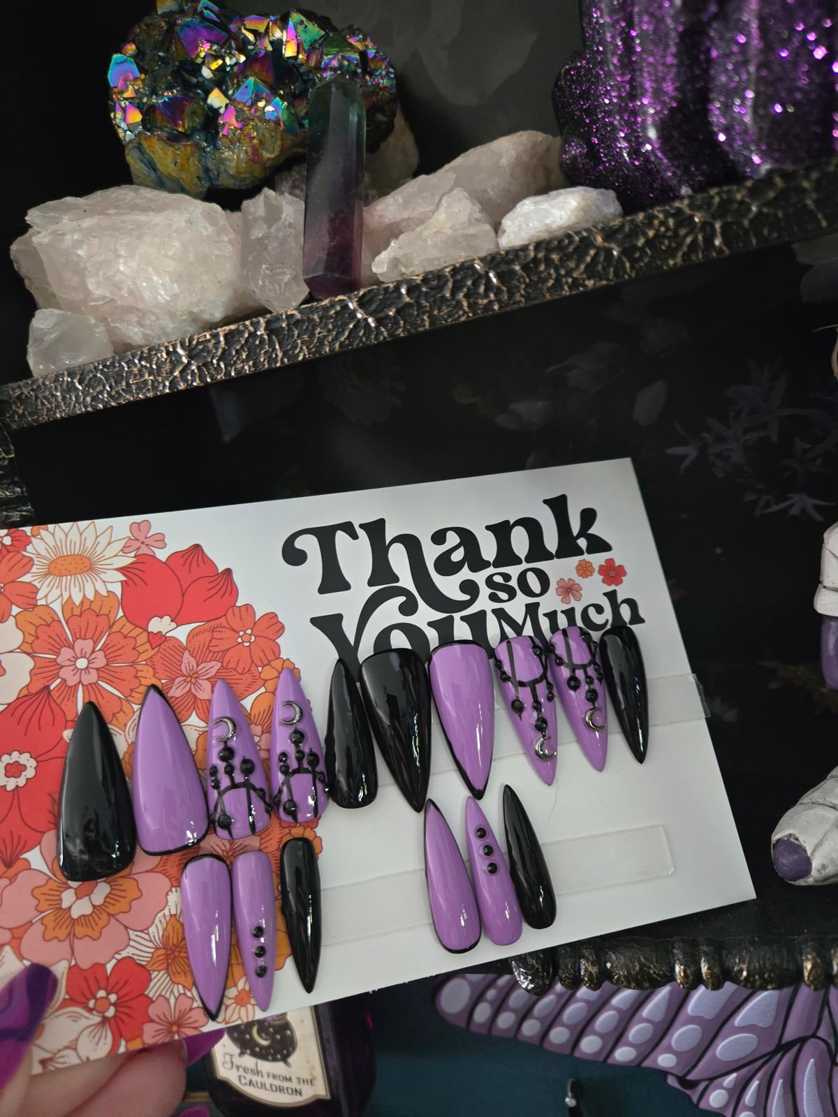 Witchy lace purple black nails custom made