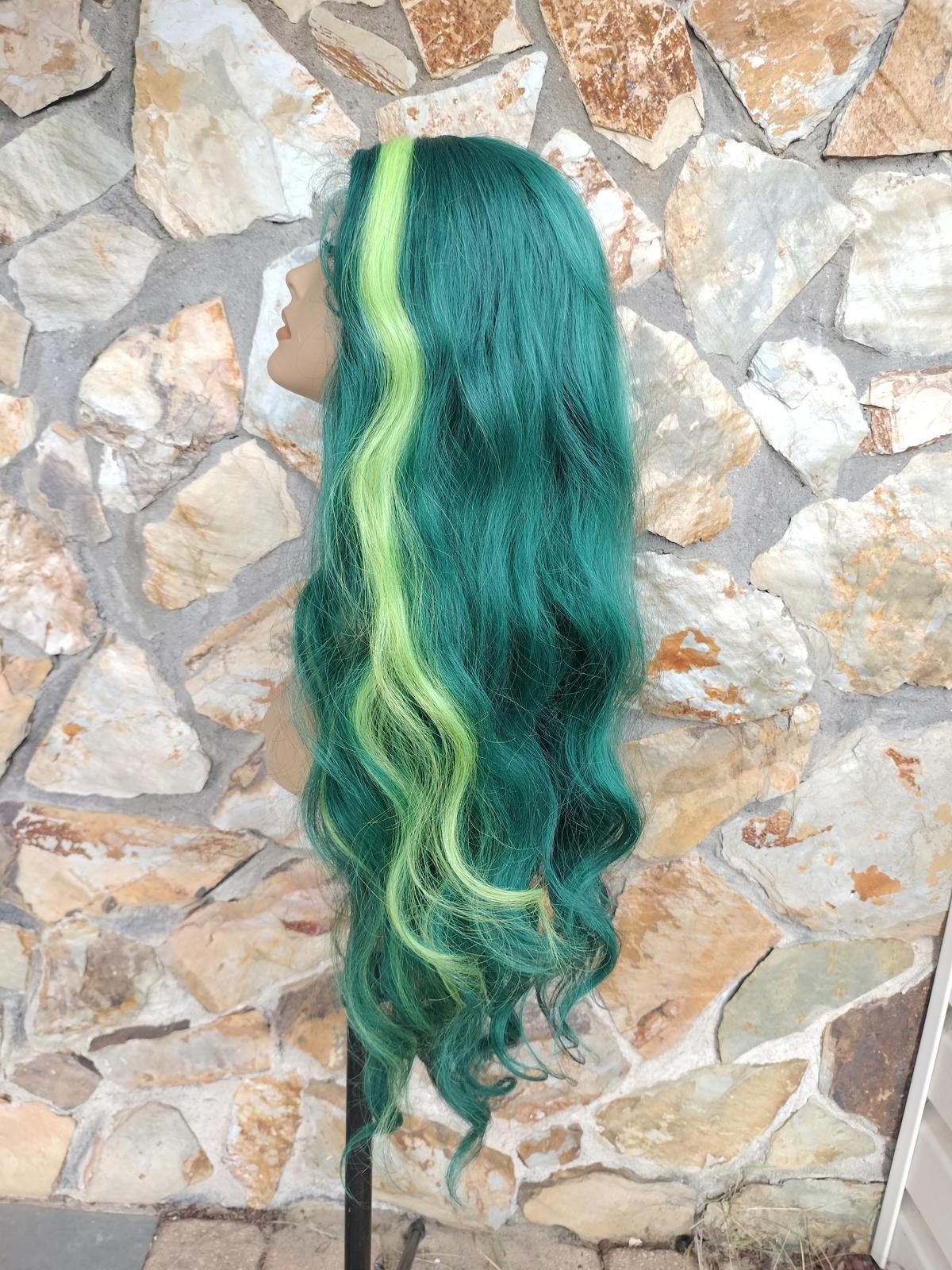 Split color green and black long wavy lace front wig