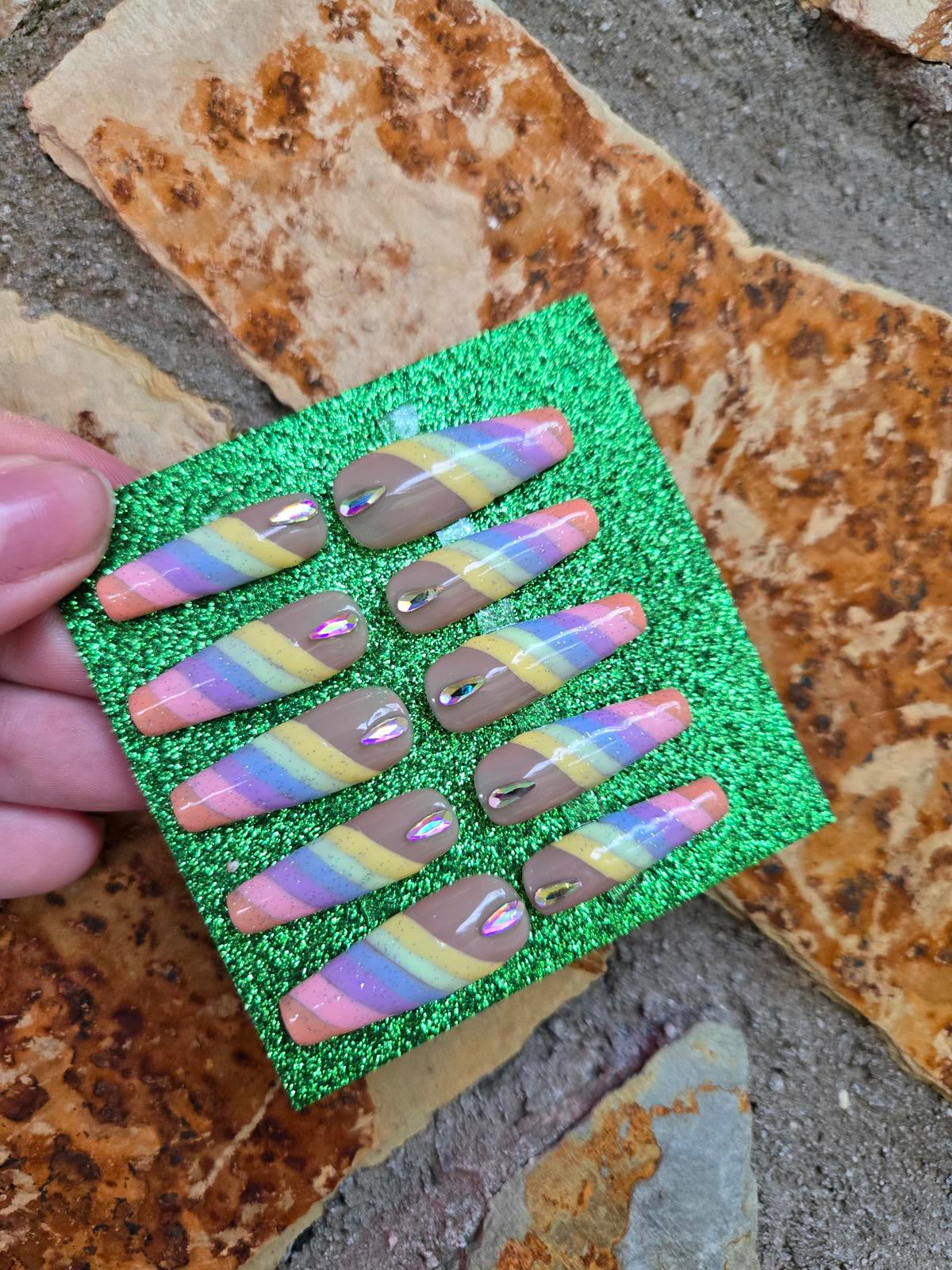 Nude and pastel rainbow striped nails custom made